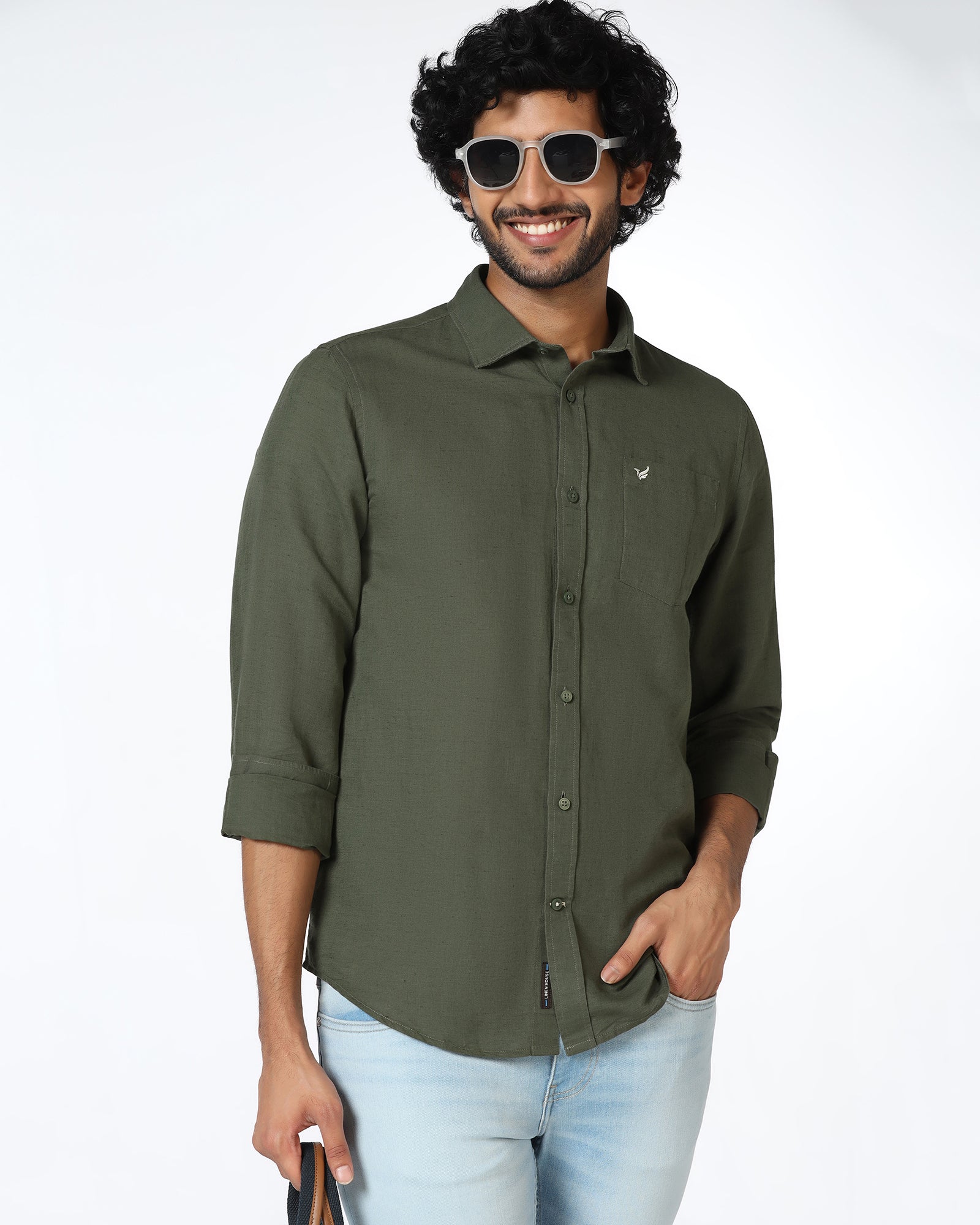 Olive Linen Solid Shirt - Salmon