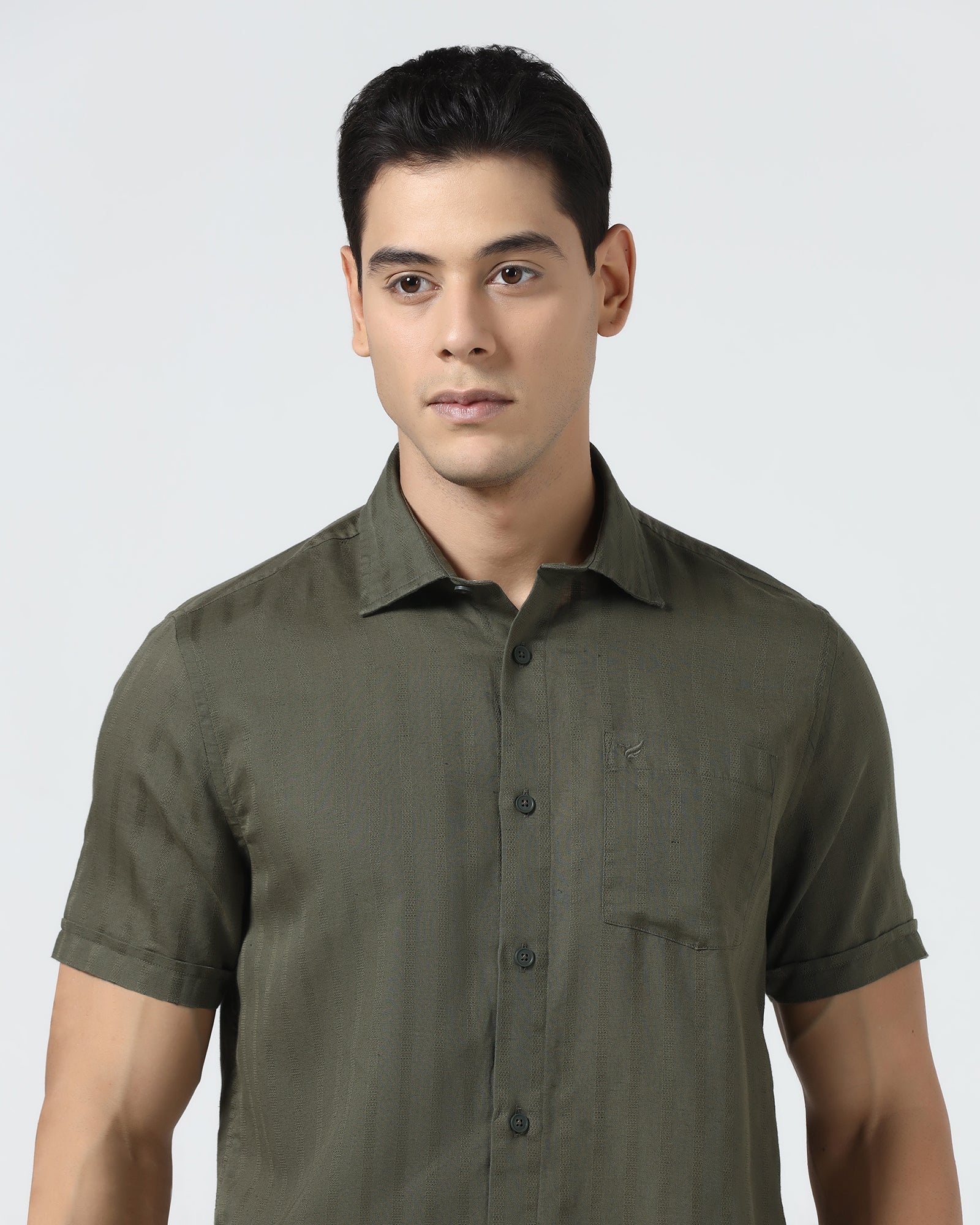Olive Half Sleeve Linen Stripe Shirt - Sanhok
