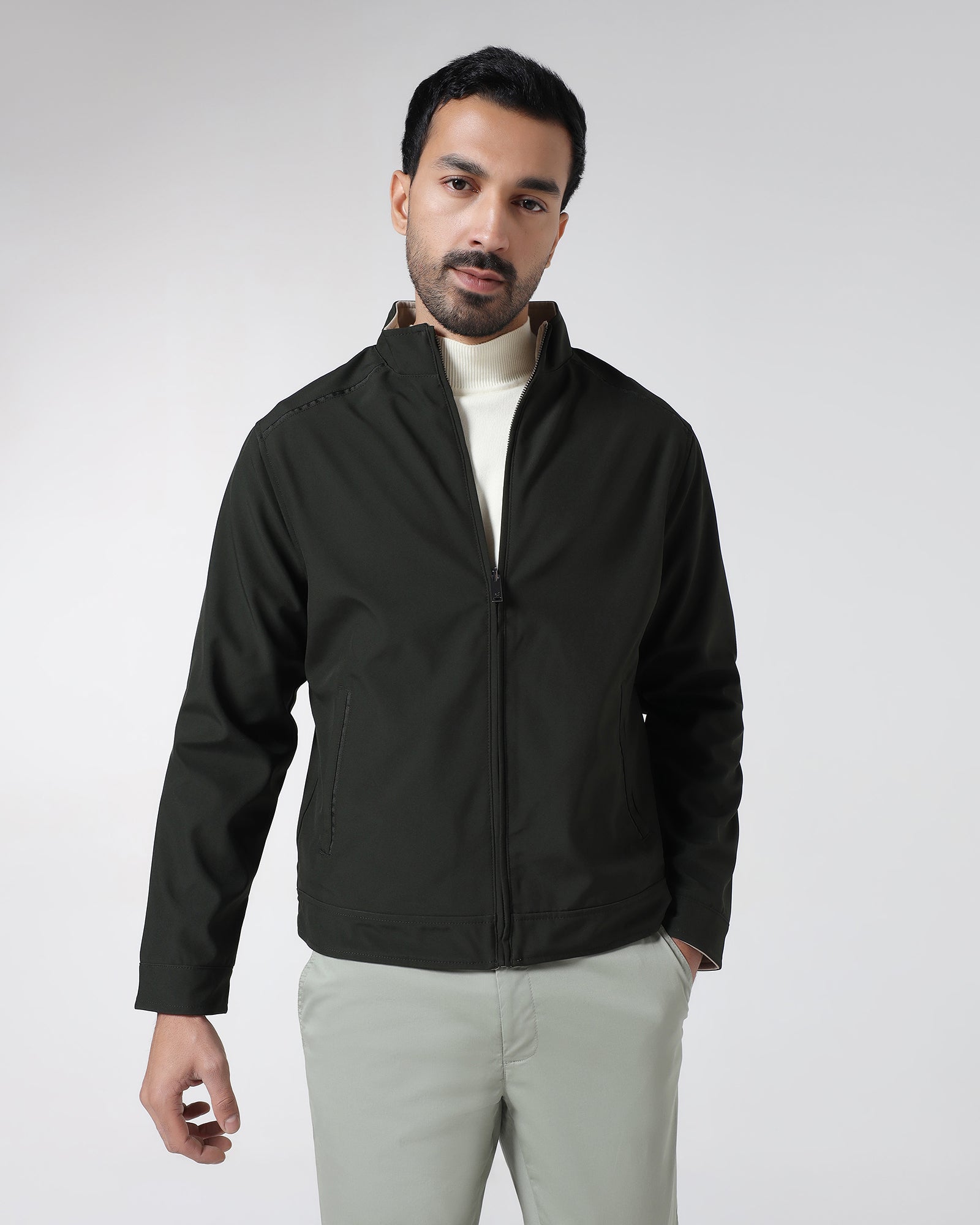 Olive Reversible Solid Zipper Jacket - Yulin