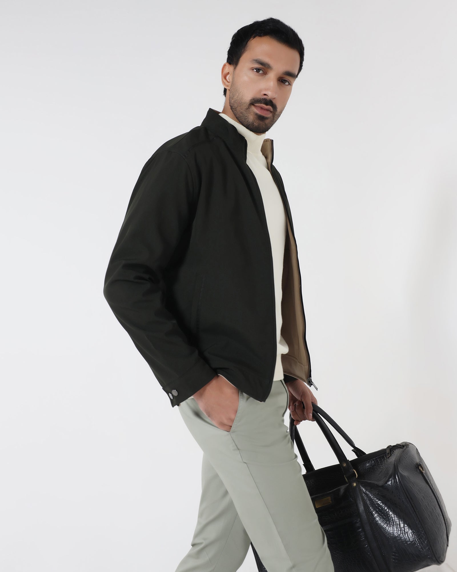 Olive Reversible Solid Zipper Jacket - Yulin