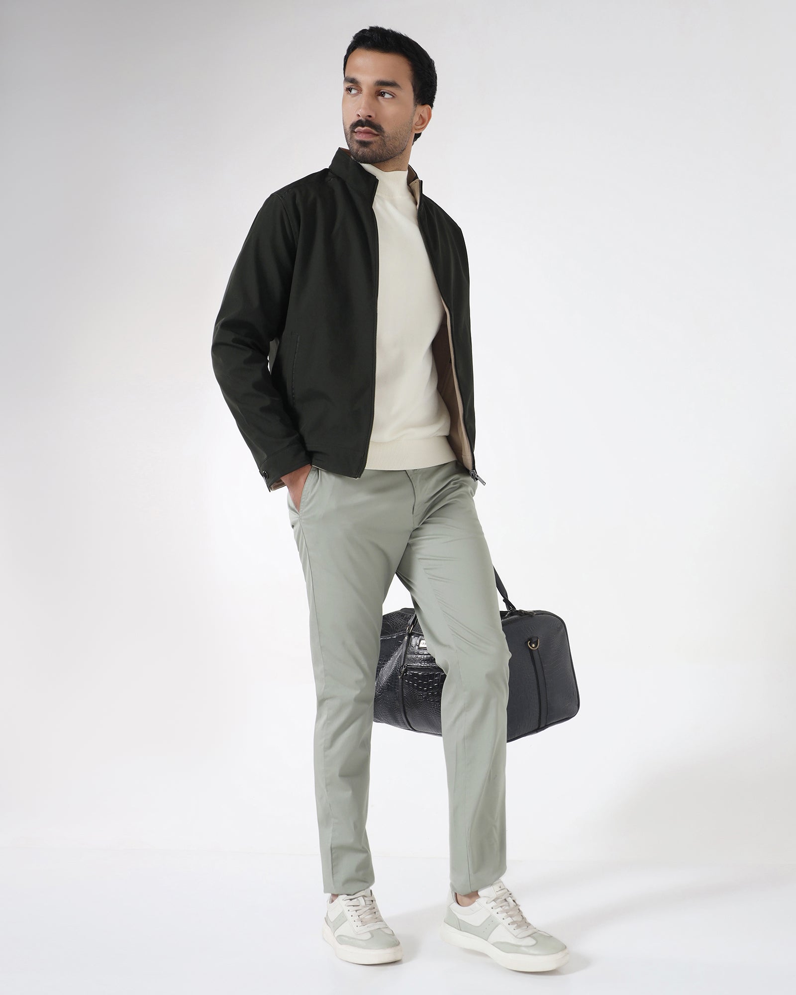 Olive Reversible Solid Zipper Jacket - Yulin