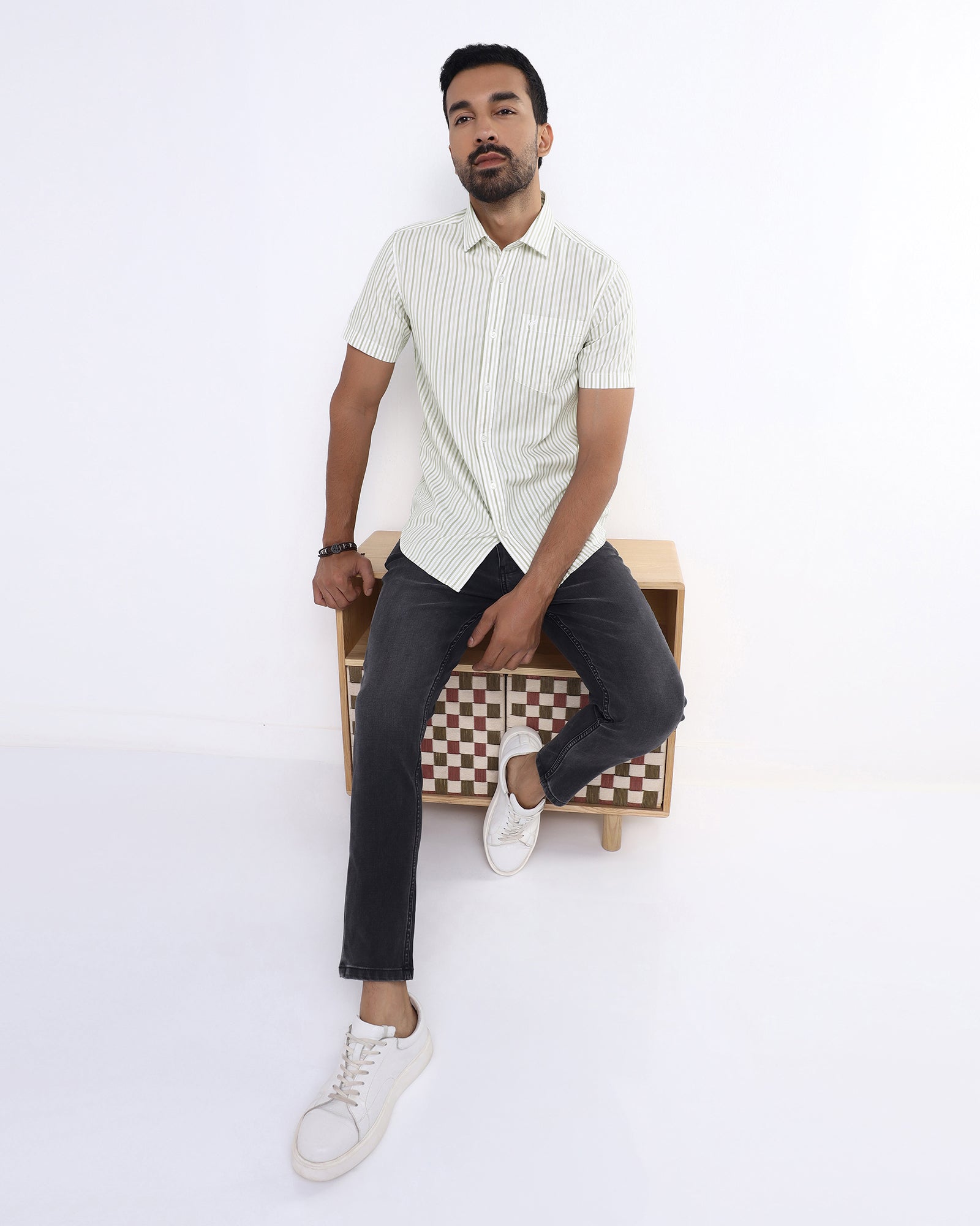 Olive Half Sleeve Stripe Shirt - Redot