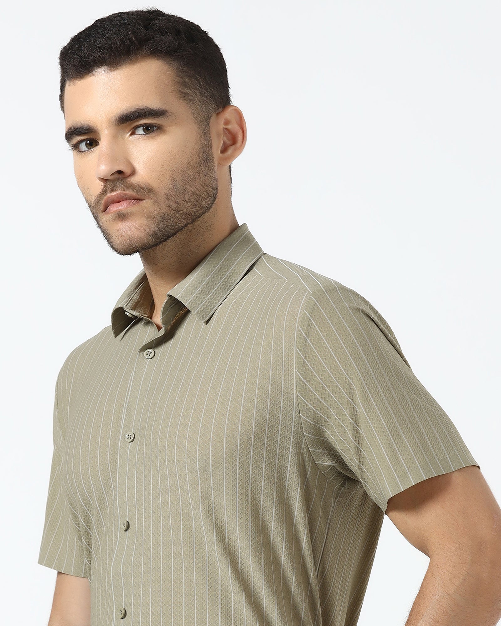 Olive Half Sleeve TechPro Stripe Shirt - Hyphen