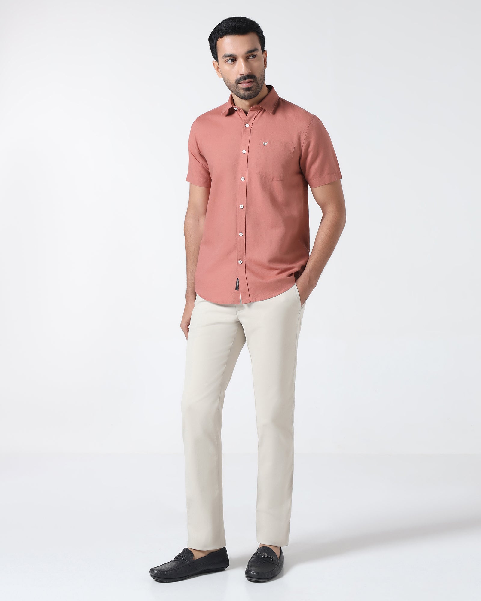 Peach Half Sleeve Linen Solid Shirt - Cleo