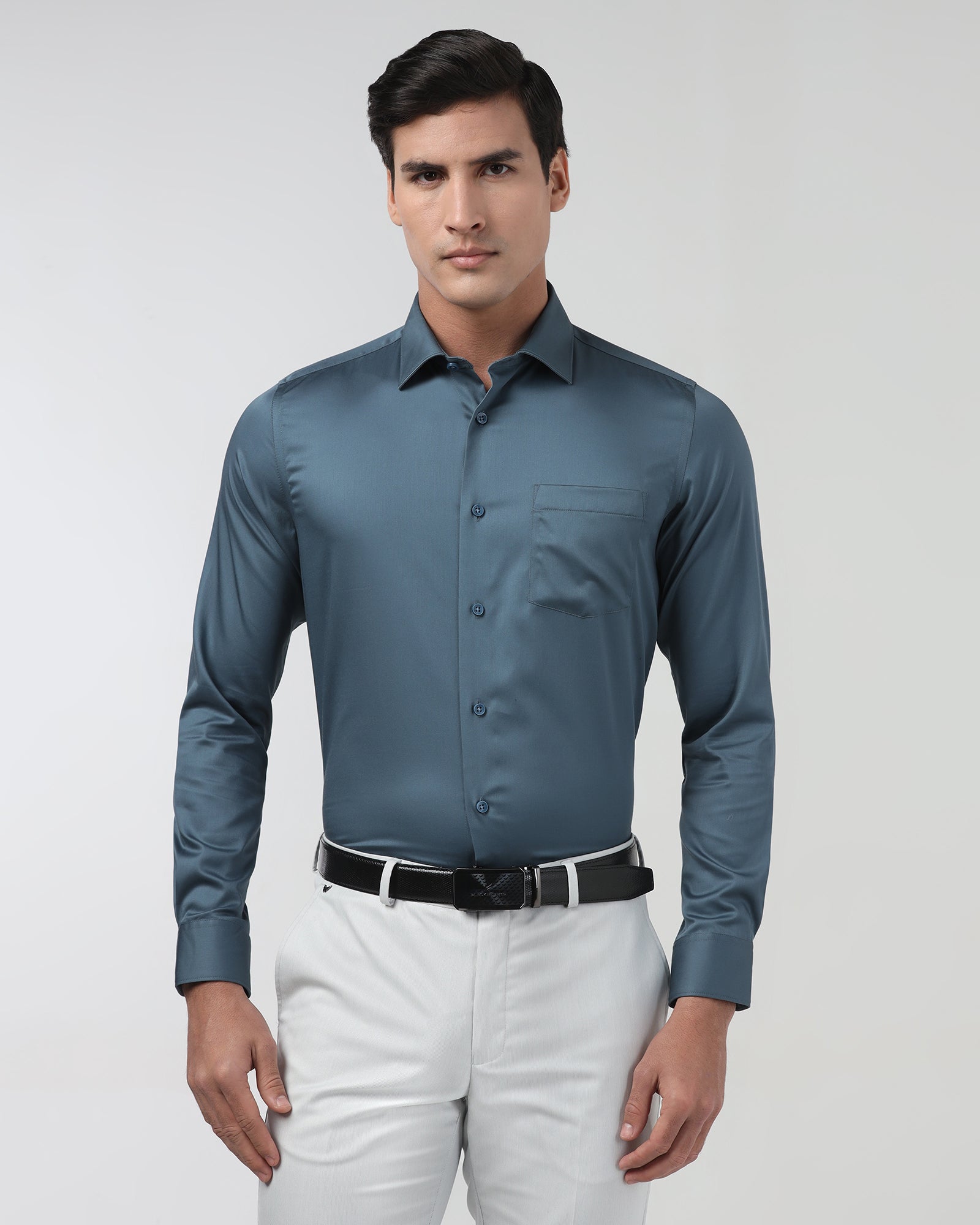 Petrol Blue Unwrinkle Solid Shirt - Sylvia