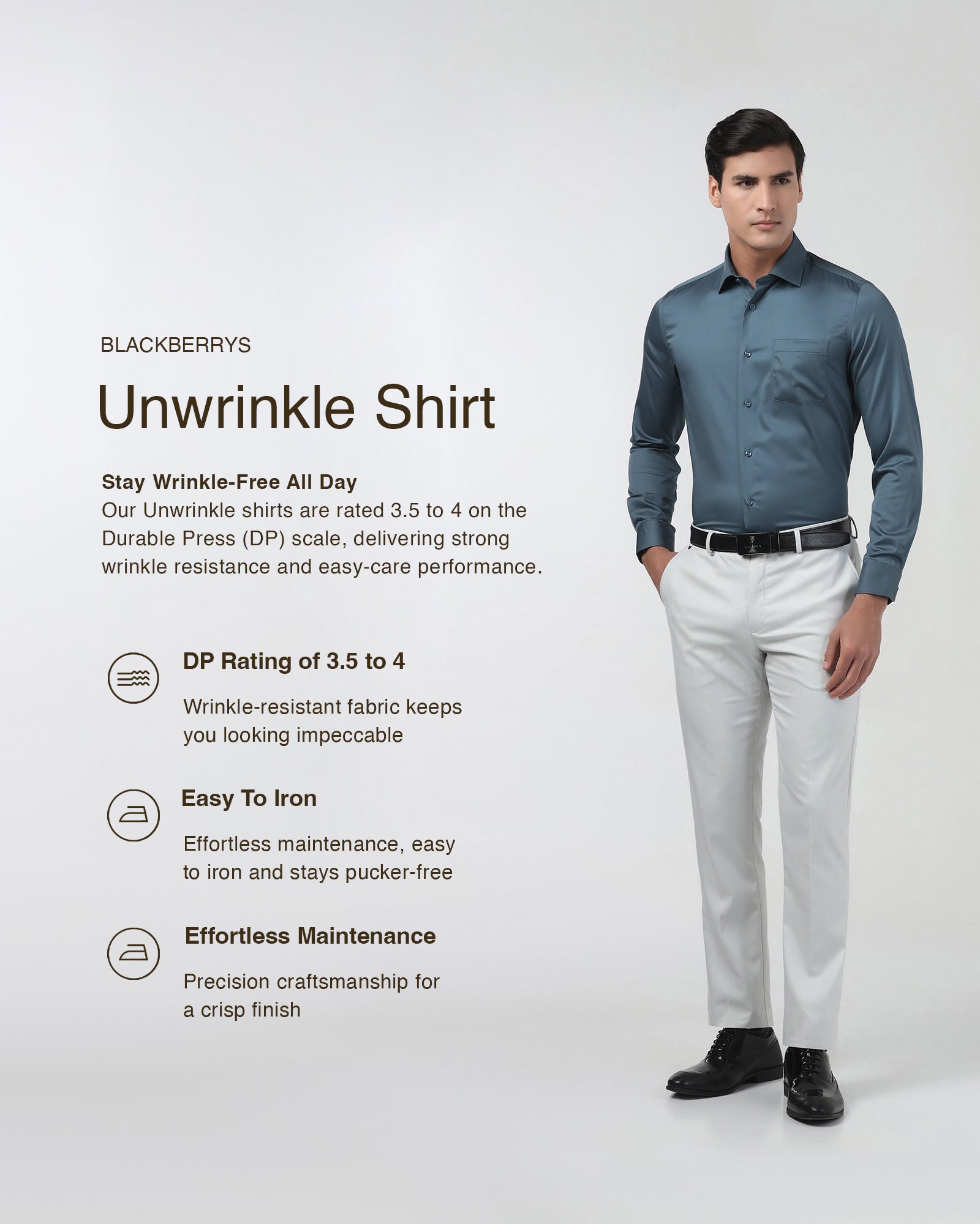 Petrol Blue Unwrinkle Solid Shirt - Sylvia