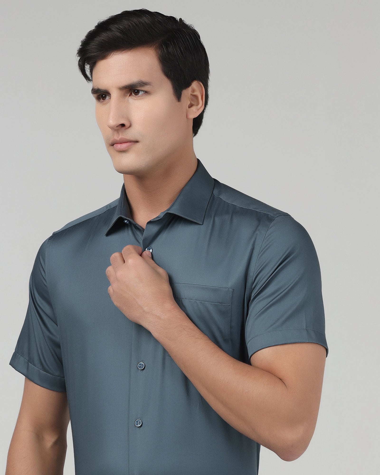 Petrol Blue Half Sleeve Unwrinkle Solid Shirt - Sylvia