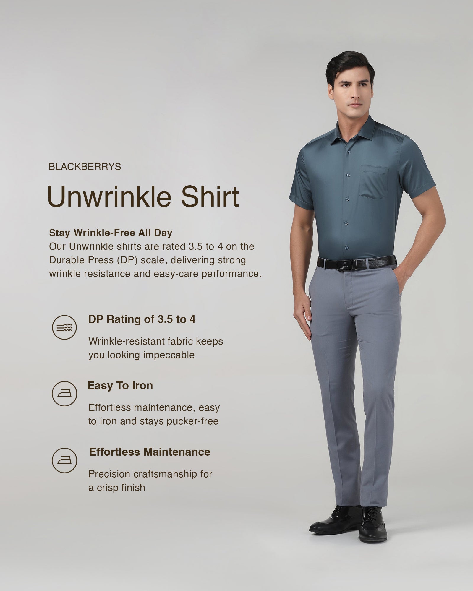 Petrol Blue Half Sleeve Unwrinkle Solid Shirt - Sylvia