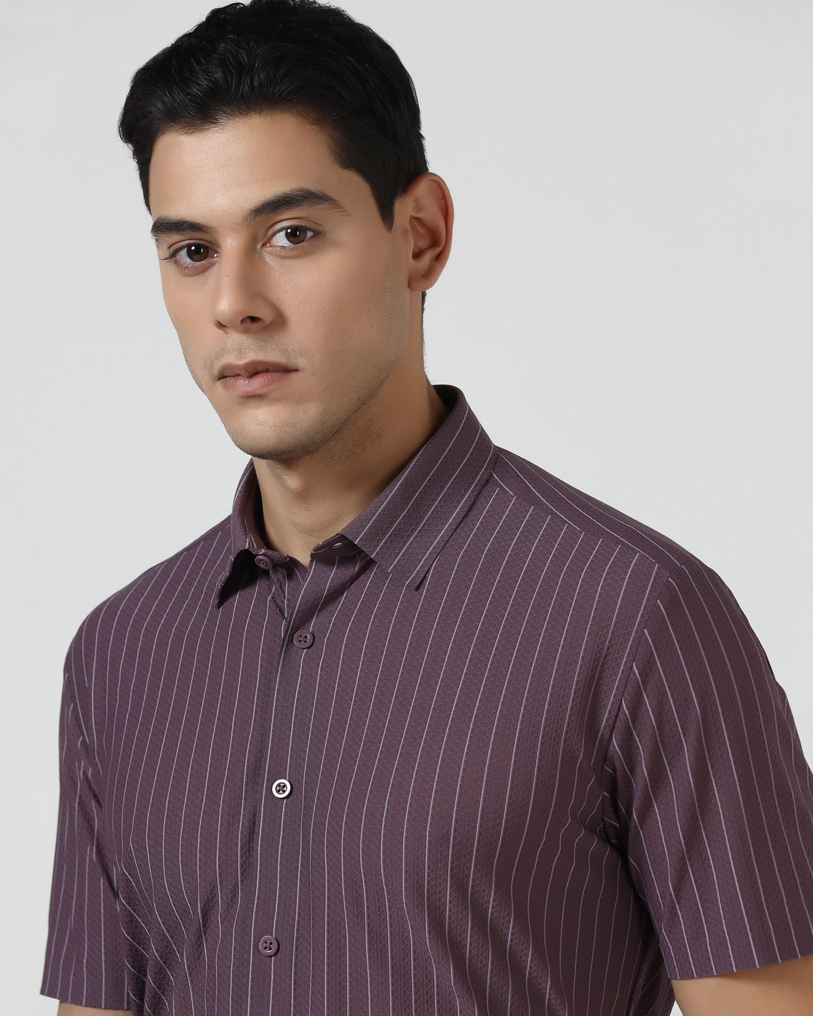 Plum Half Sleeve TechPro Stripe Shirt - Hyphen