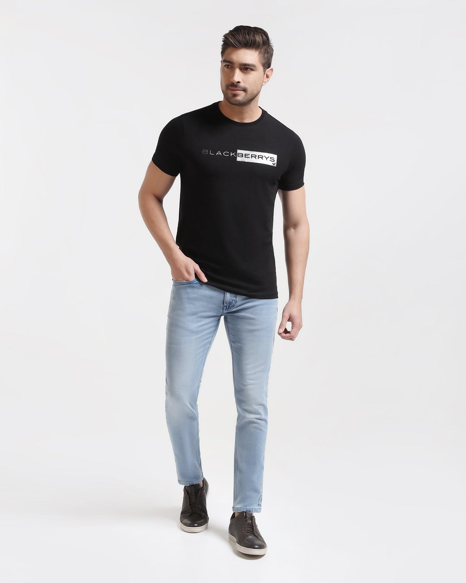 Crew Neck Black Solid T-Shirt - Salsa - Blackberrys