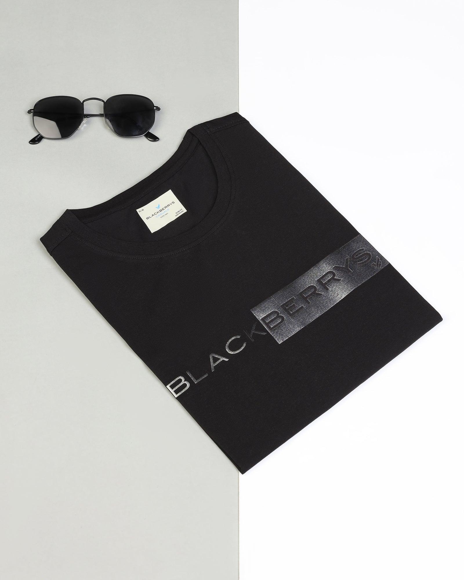 Crew Neck Black Solid T-Shirt - Salsa - Blackberrys