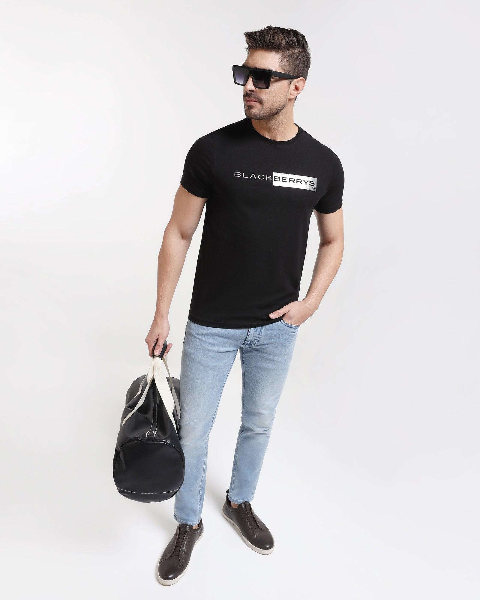 Crew Neck Black Solid T-Shirt - Salsa - Blackberrys