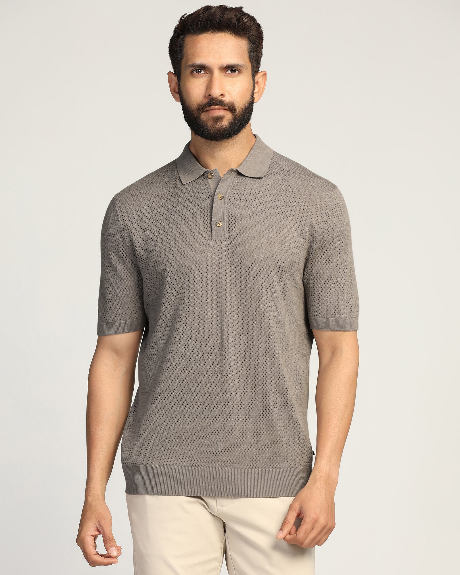 Polo Brown Textured T-Shirt - Mesh