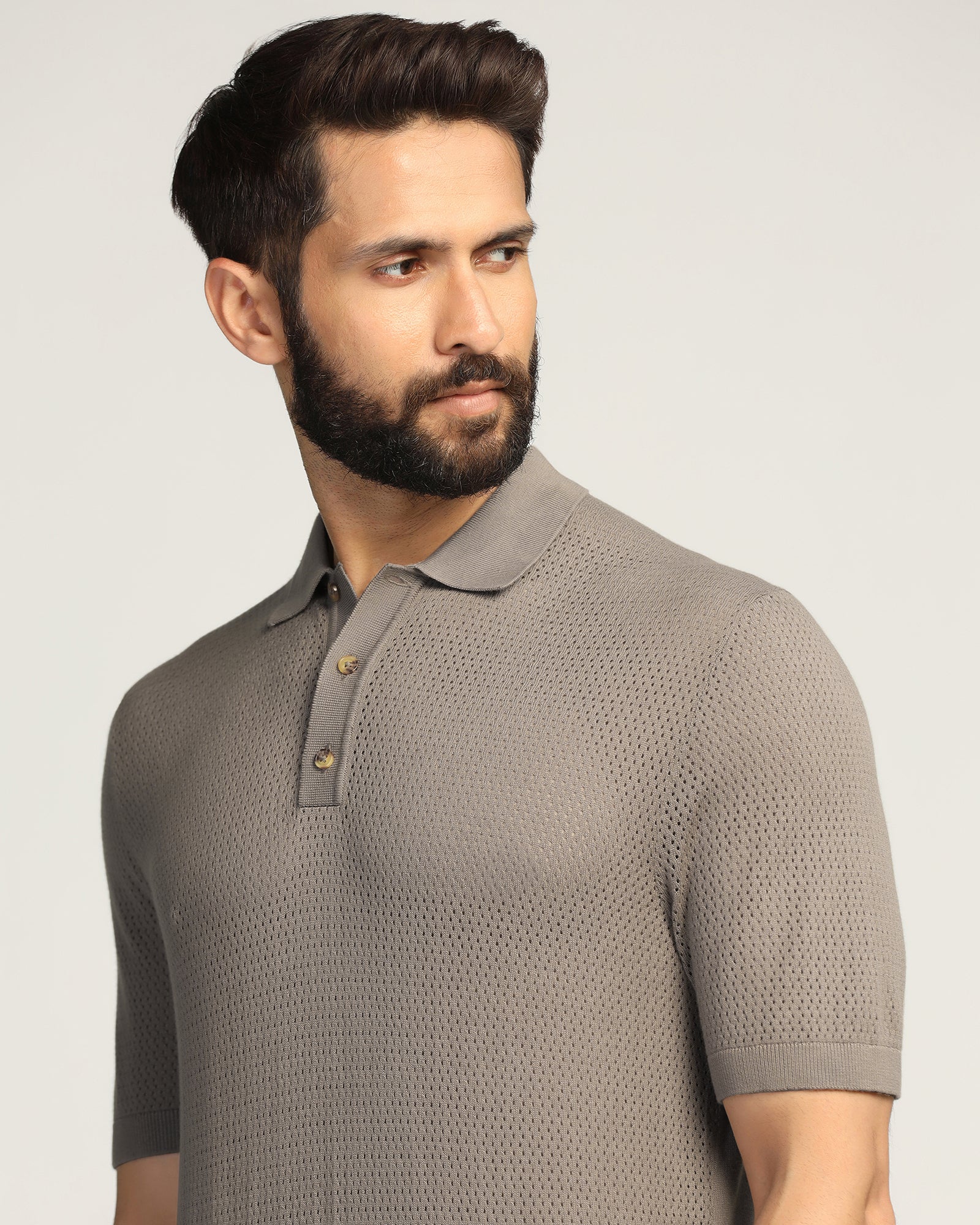 Polo Brown Textured T-Shirt - Mesh