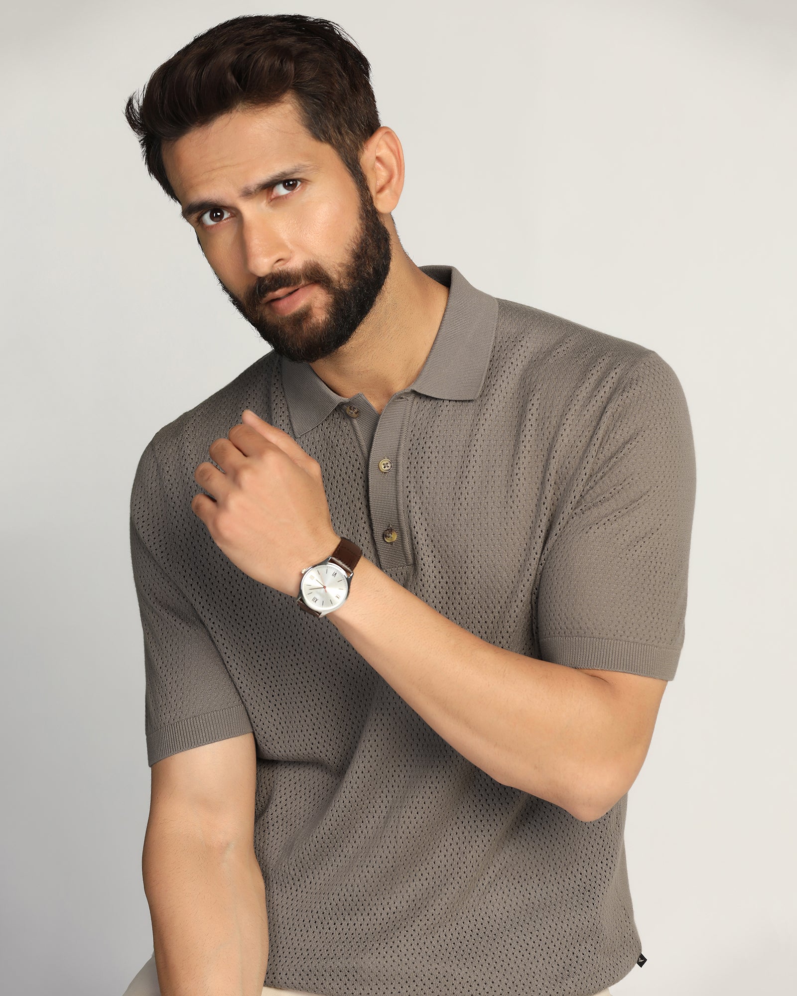 Polo Brown Textured T-Shirt - Mesh