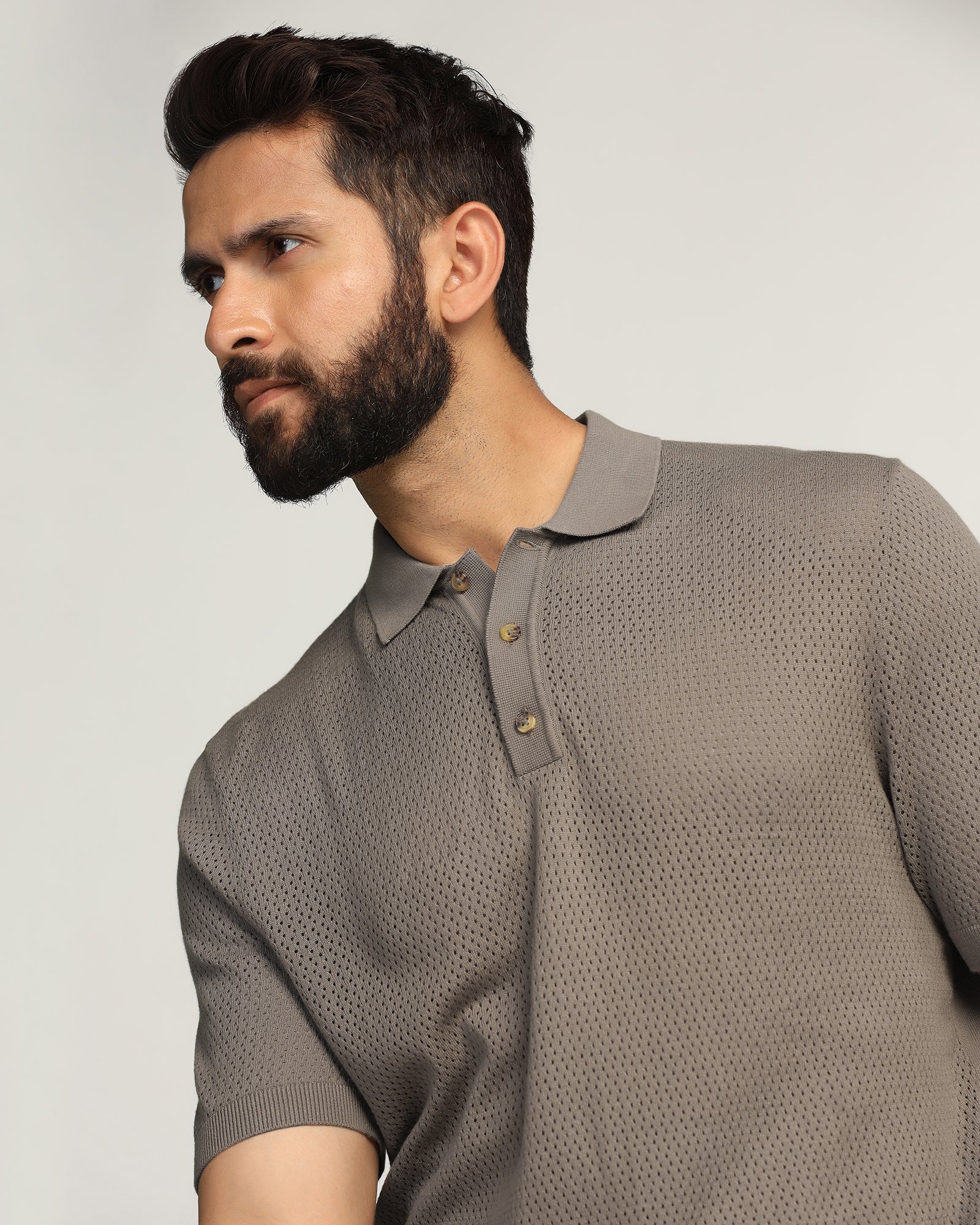 Polo Brown Textured T-Shirt - Mesh