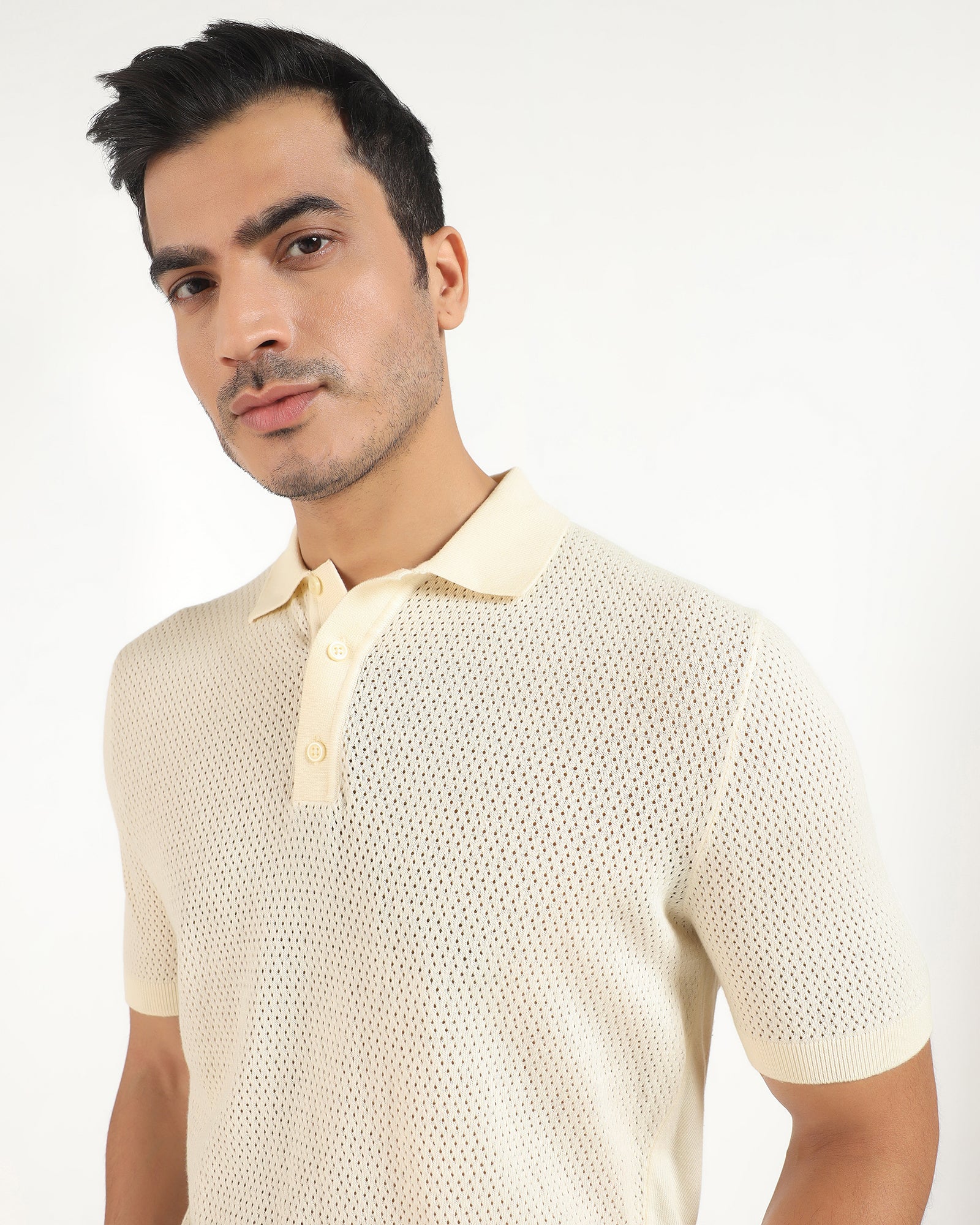 Polo Powder Yellow Textured T-Shirt - Mesh