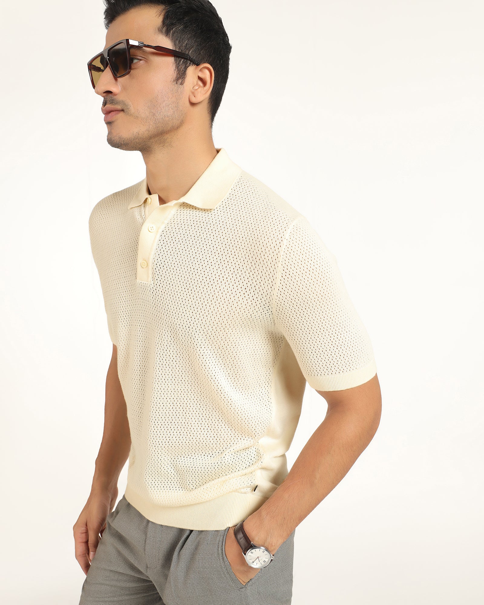 Polo Powder Yellow Textured T-Shirt - Mesh