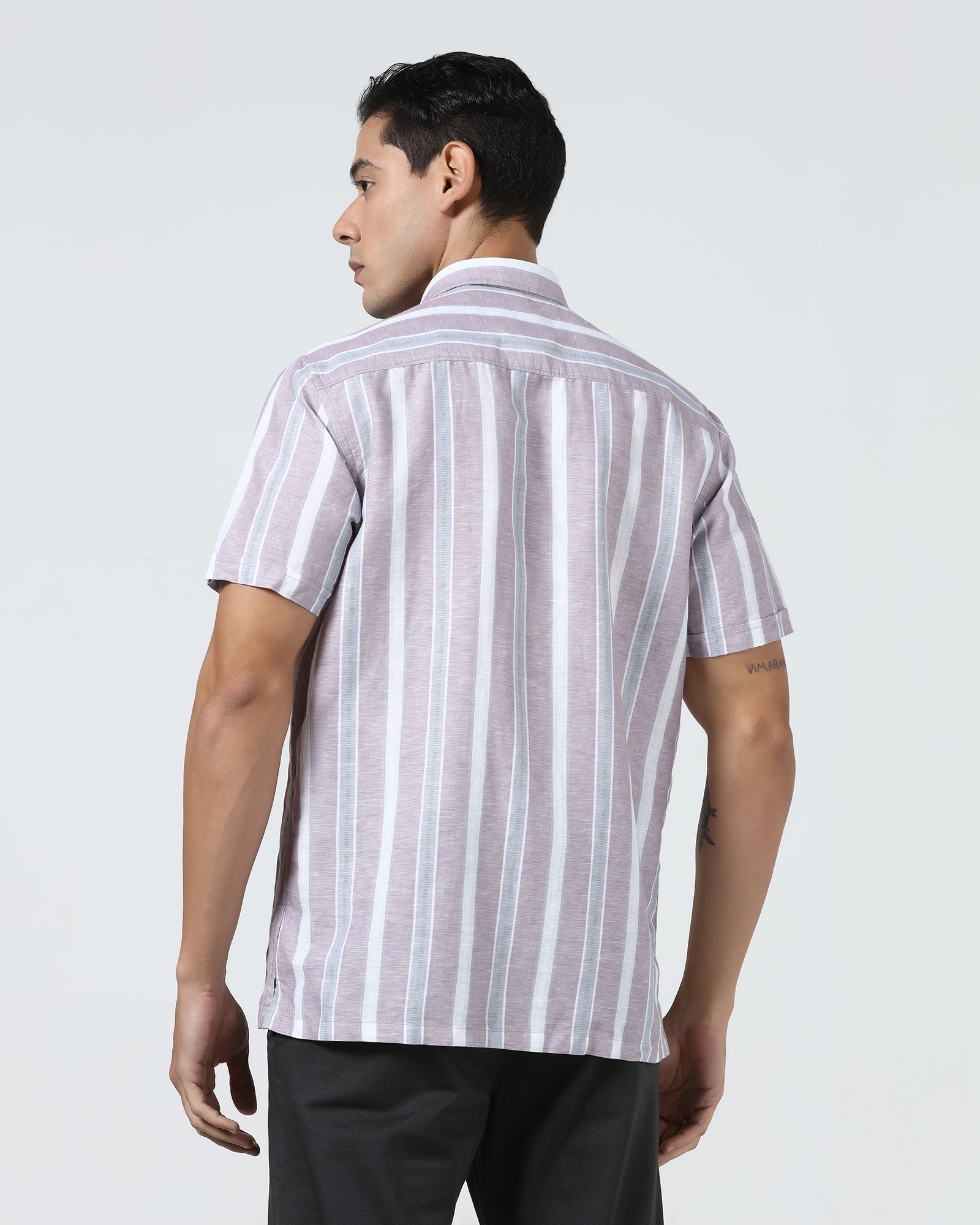 Purple Half Sleeve Linen Stripe Shirt - Junel