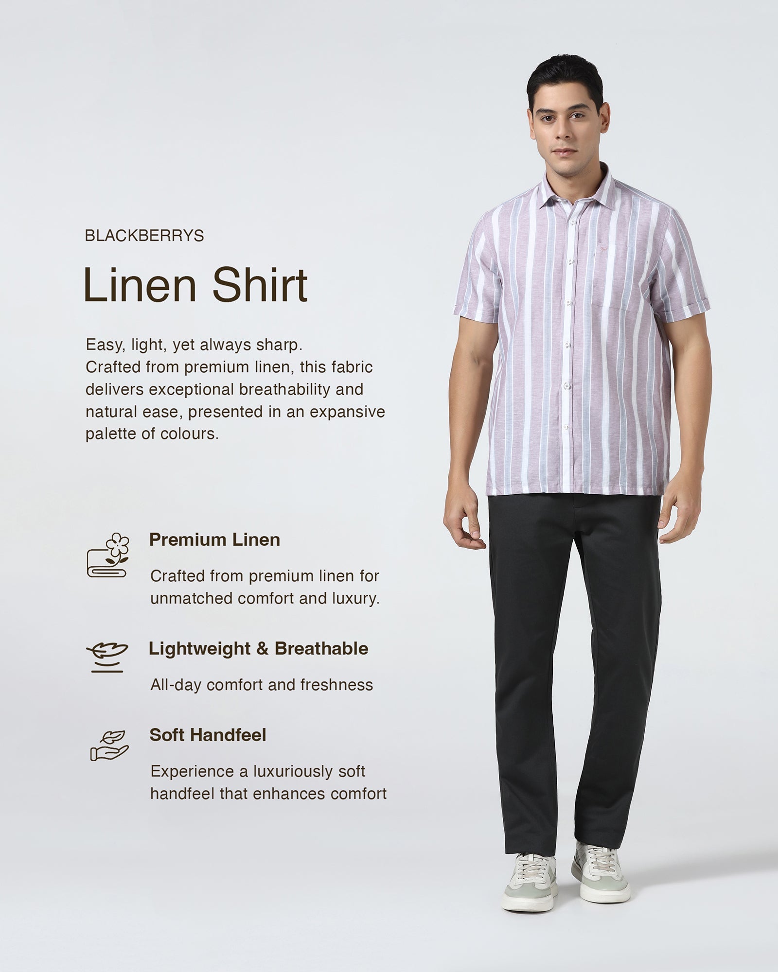 Purple Half Sleeve Linen Stripe Shirt - Junel
