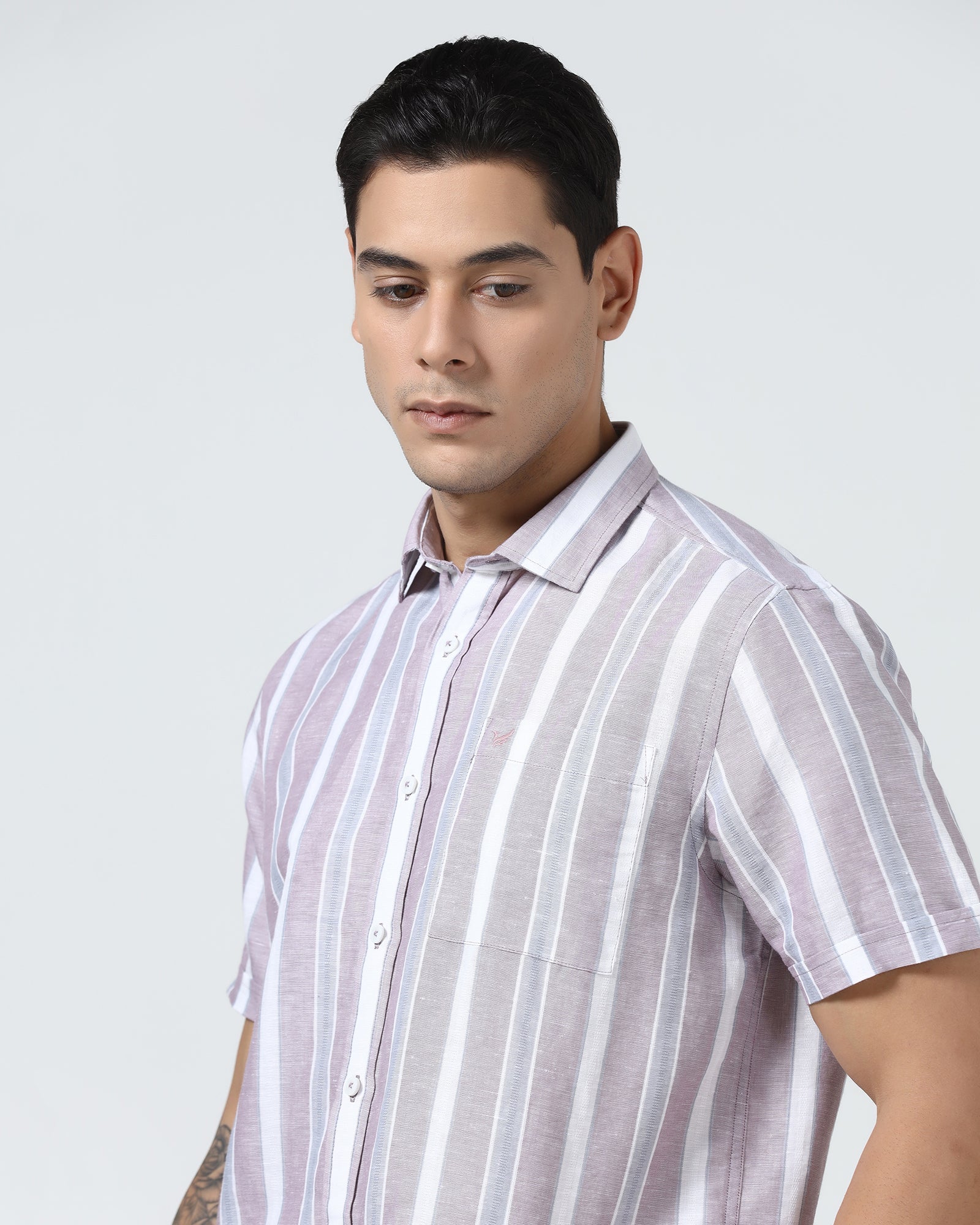 Purple Half Sleeve Linen Stripe Shirt - Junel