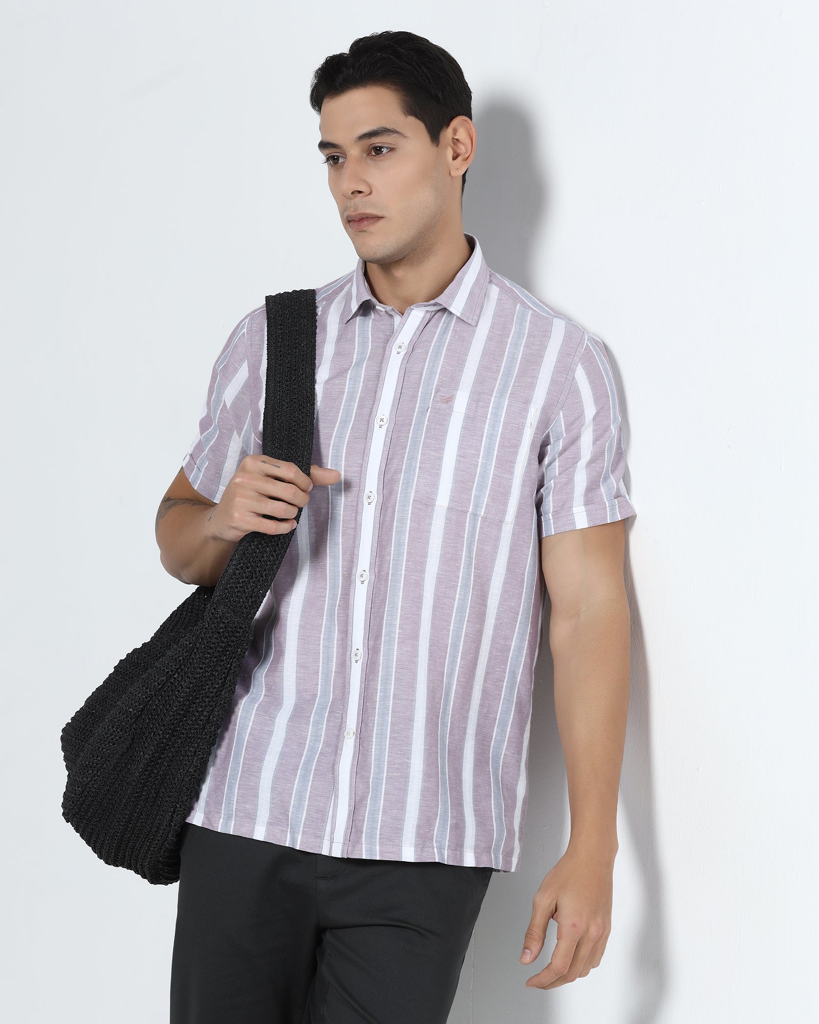 Purple Half Sleeve Linen Stripe Shirt - Junel