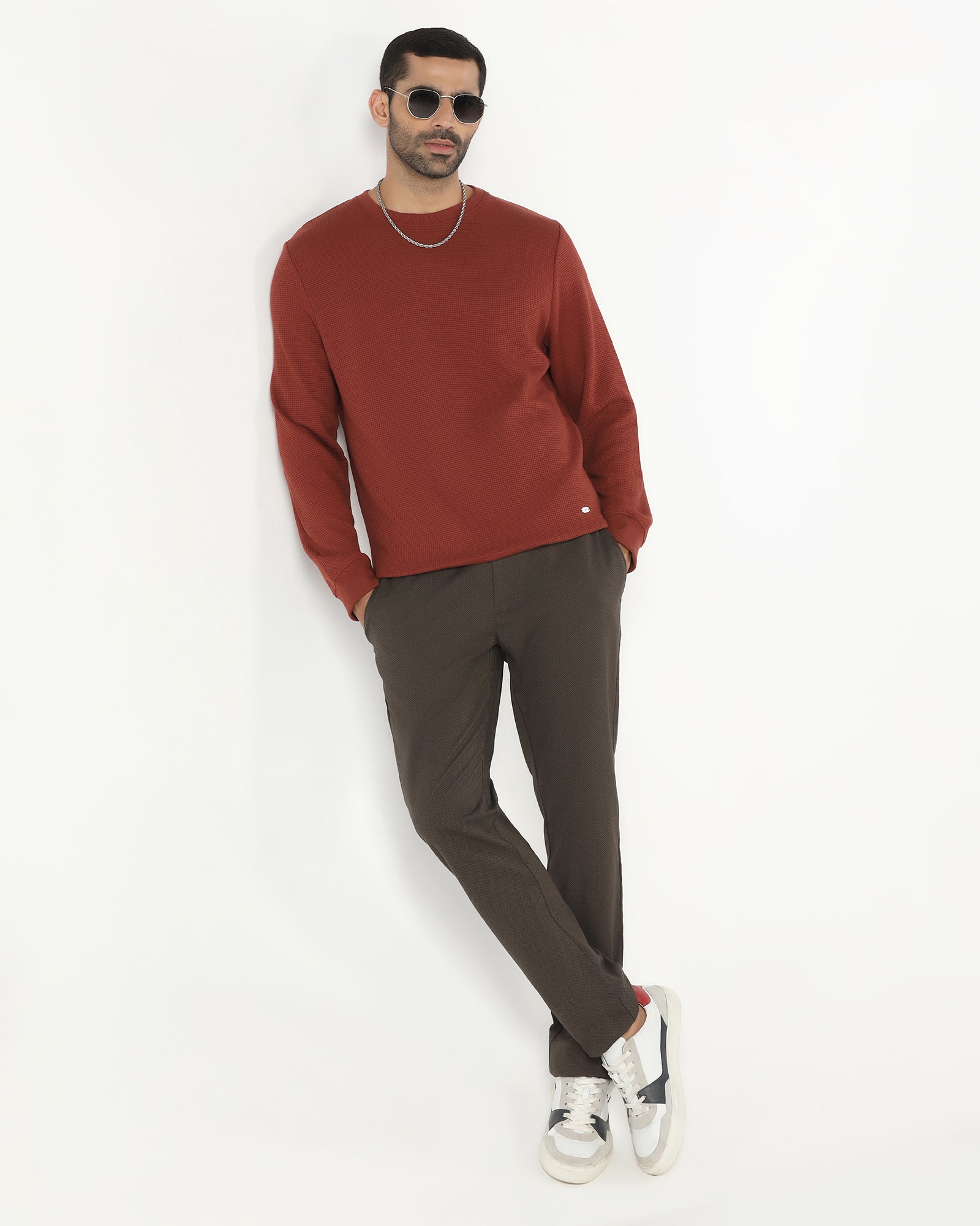 Rust Crew Neck Textured Sweatshirt - Pan