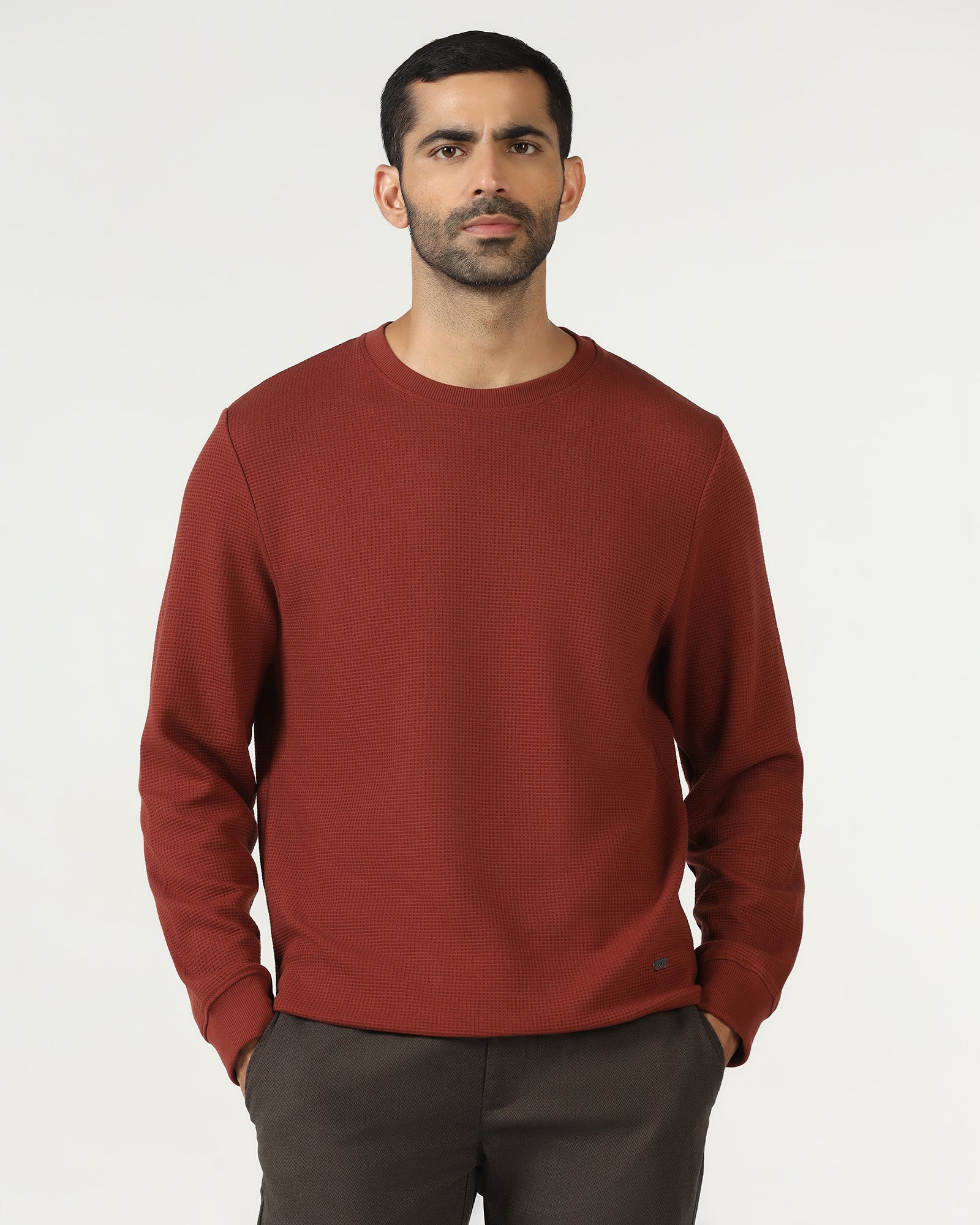 Rust Crew Neck Textured Sweatshirt - Pan