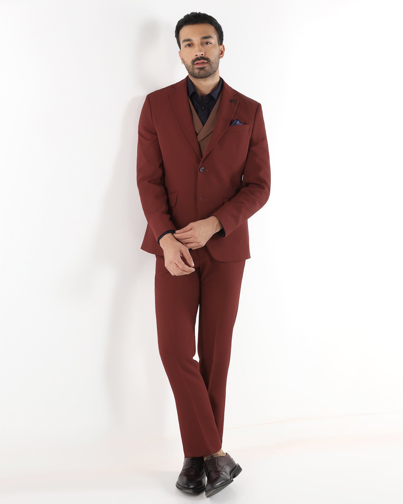 Rust Three Piece Textured Suit - Gioni