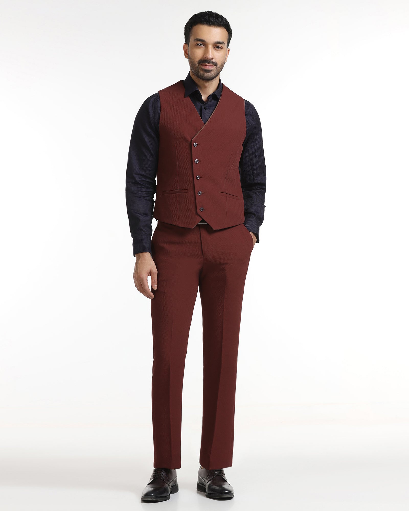 Rust Three Piece Textured Suit - Gioni