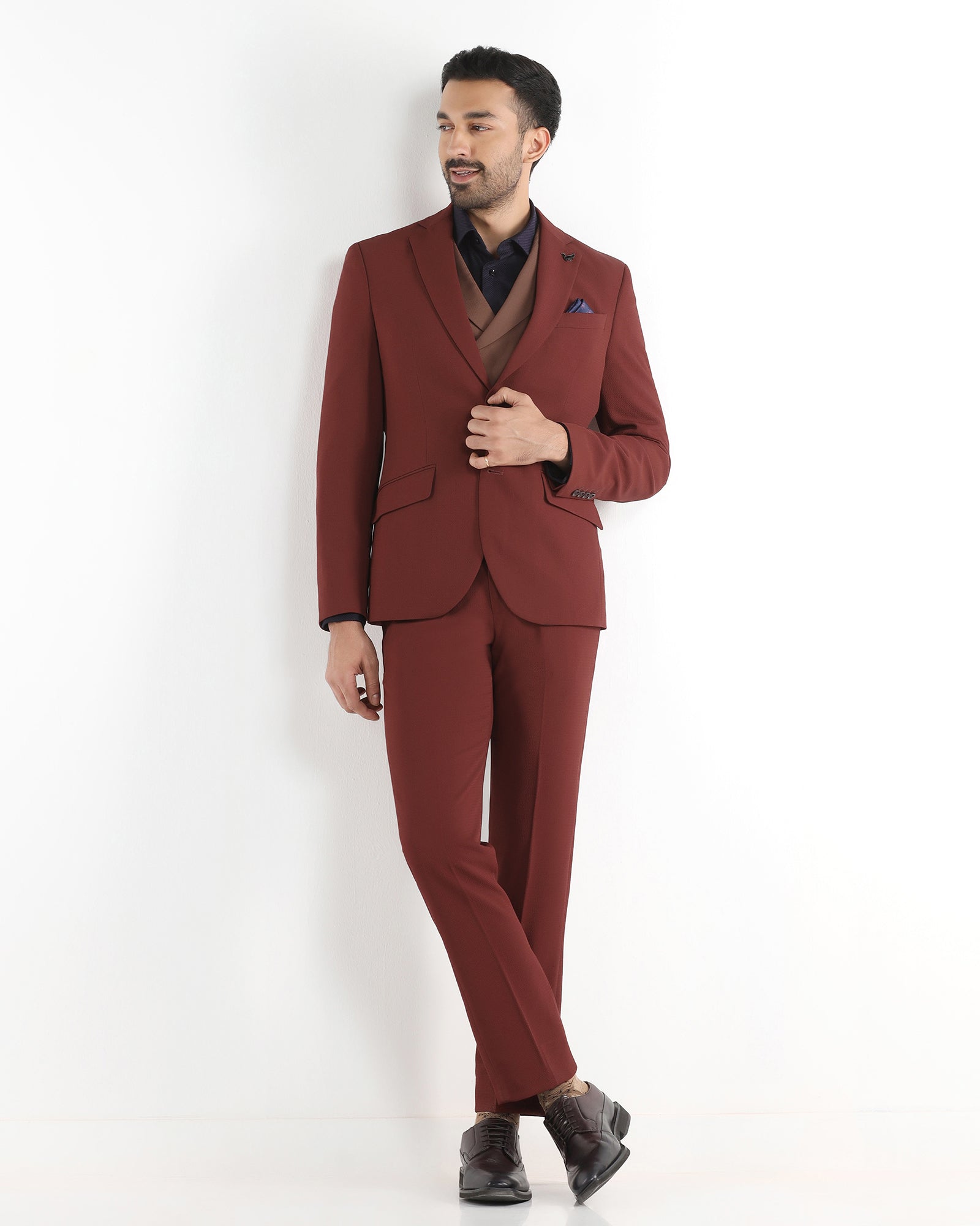 Rust Three Piece Textured Suit - Gioni