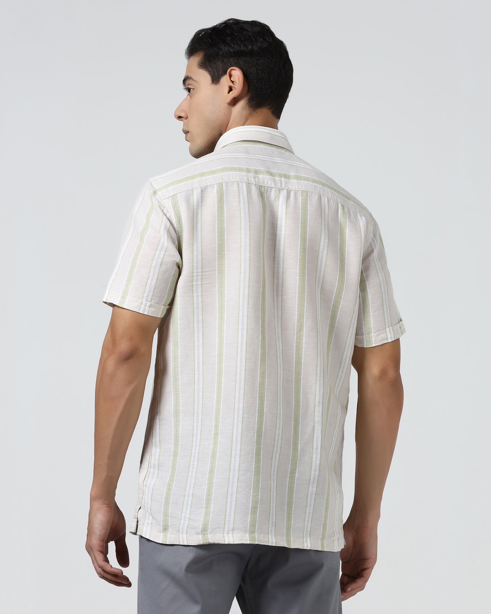 Sage Green Half Sleeve Linen Stripe Shirt - Junel
