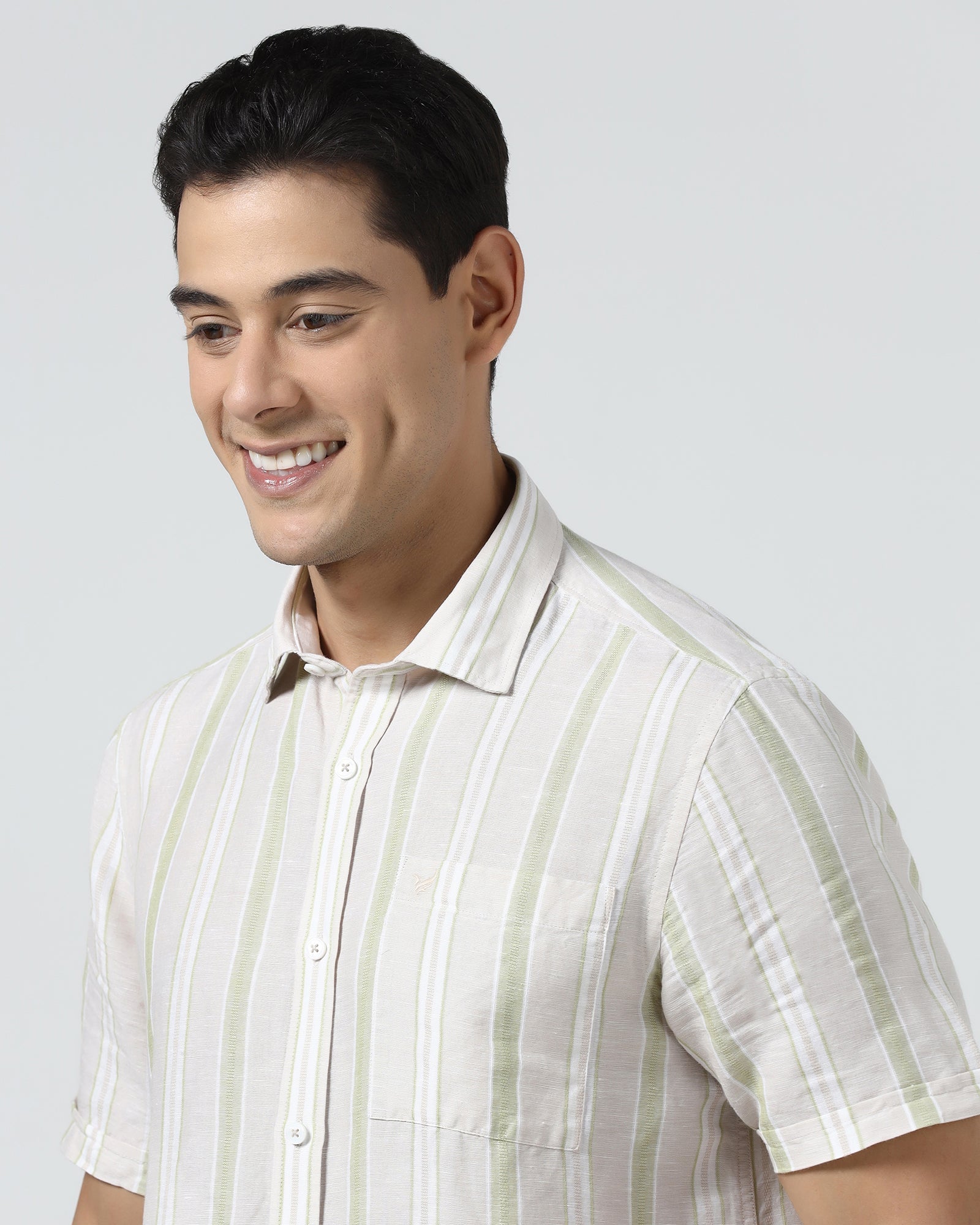 Sage Green Half Sleeve Linen Stripe Shirt - Junel