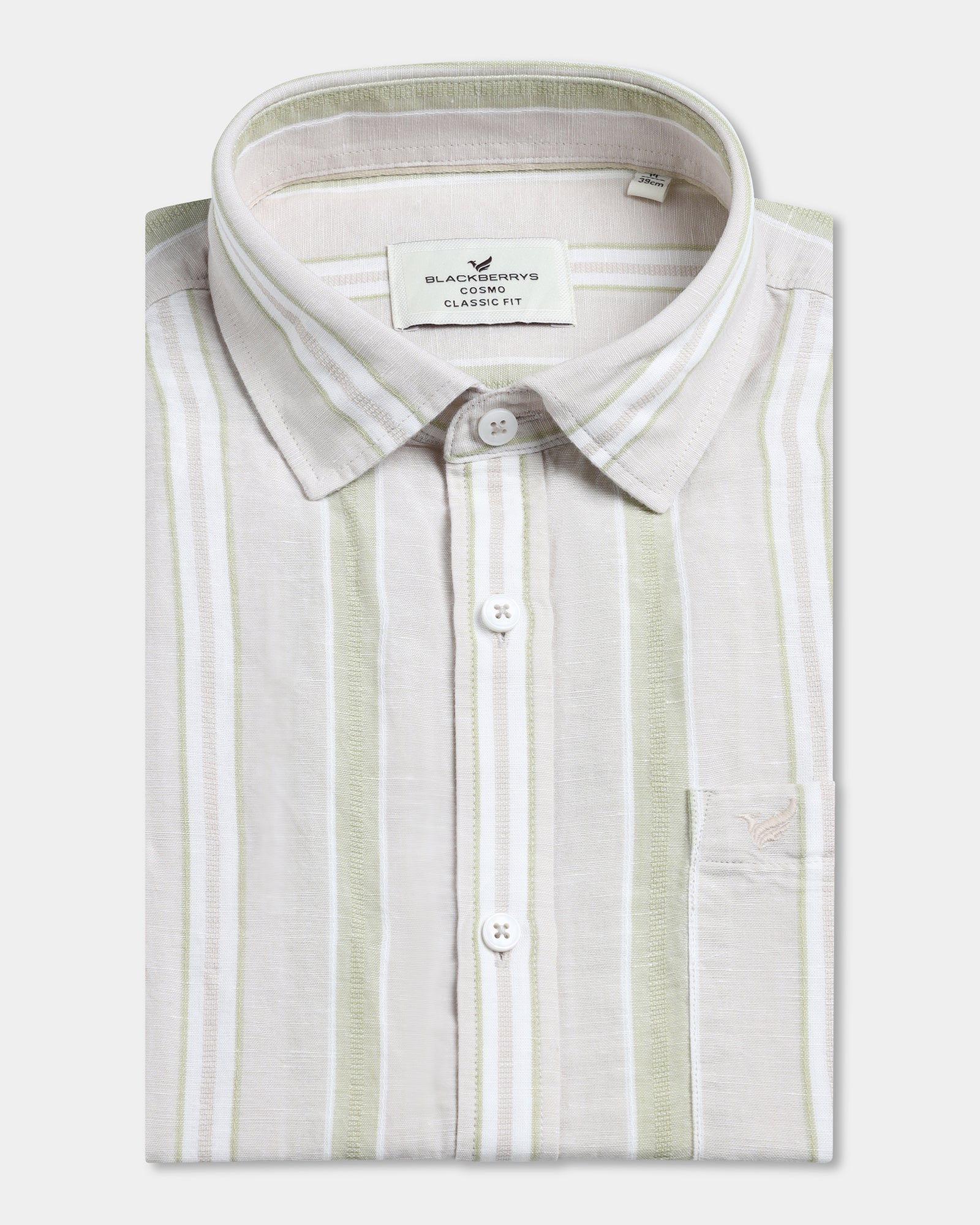 Sage Green Half Sleeve Linen Stripe Shirt - Junel