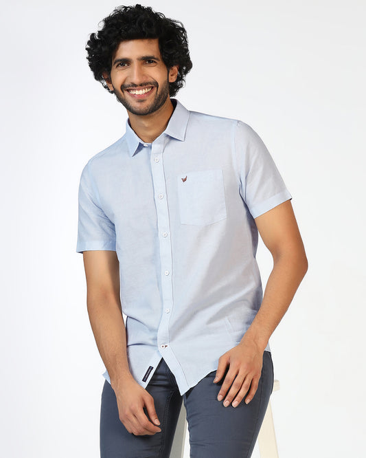 Sky Blue Half Sleeve Linen Solid Shirt - Salmon
