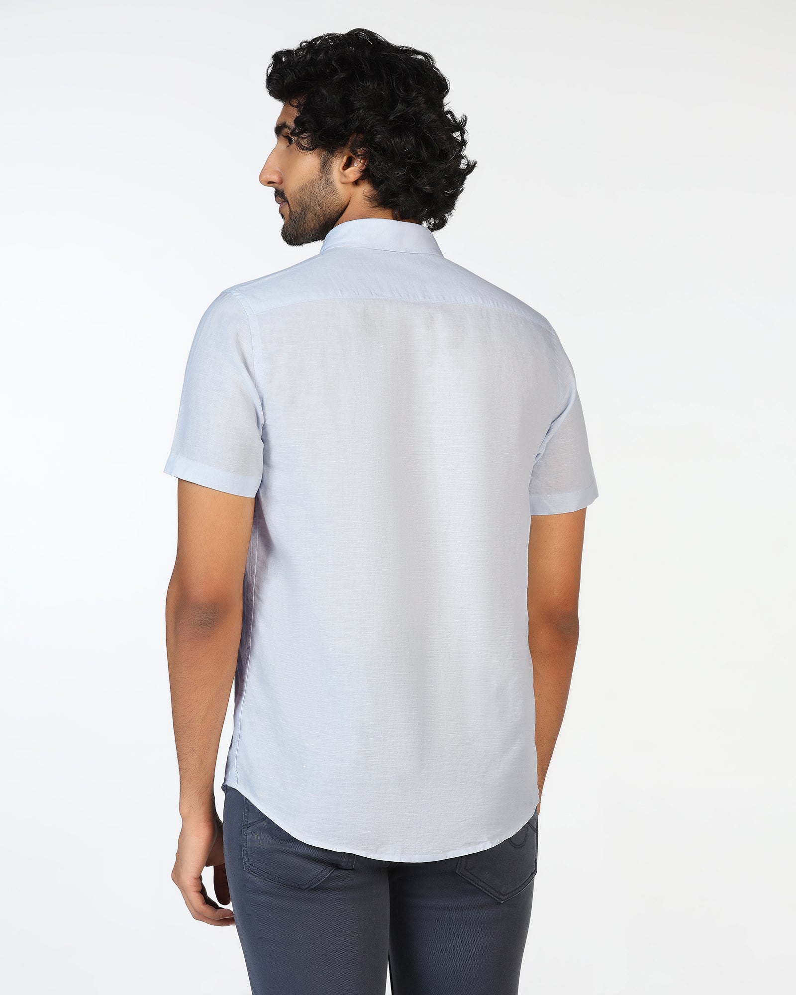 Sky Blue Half Sleeve Linen Solid Shirt - Salmon