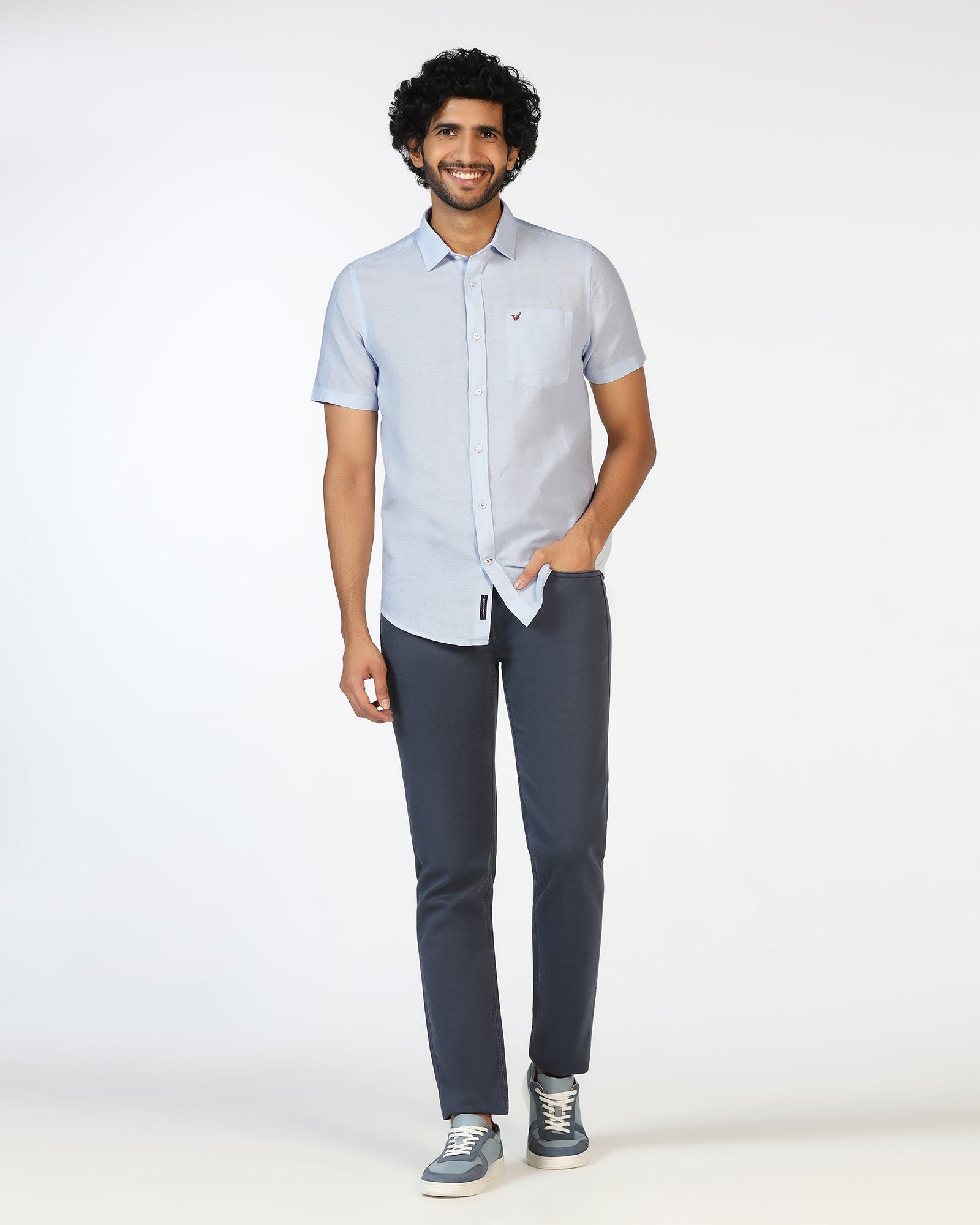 Sky Blue Half Sleeve Linen Solid Shirt - Salmon