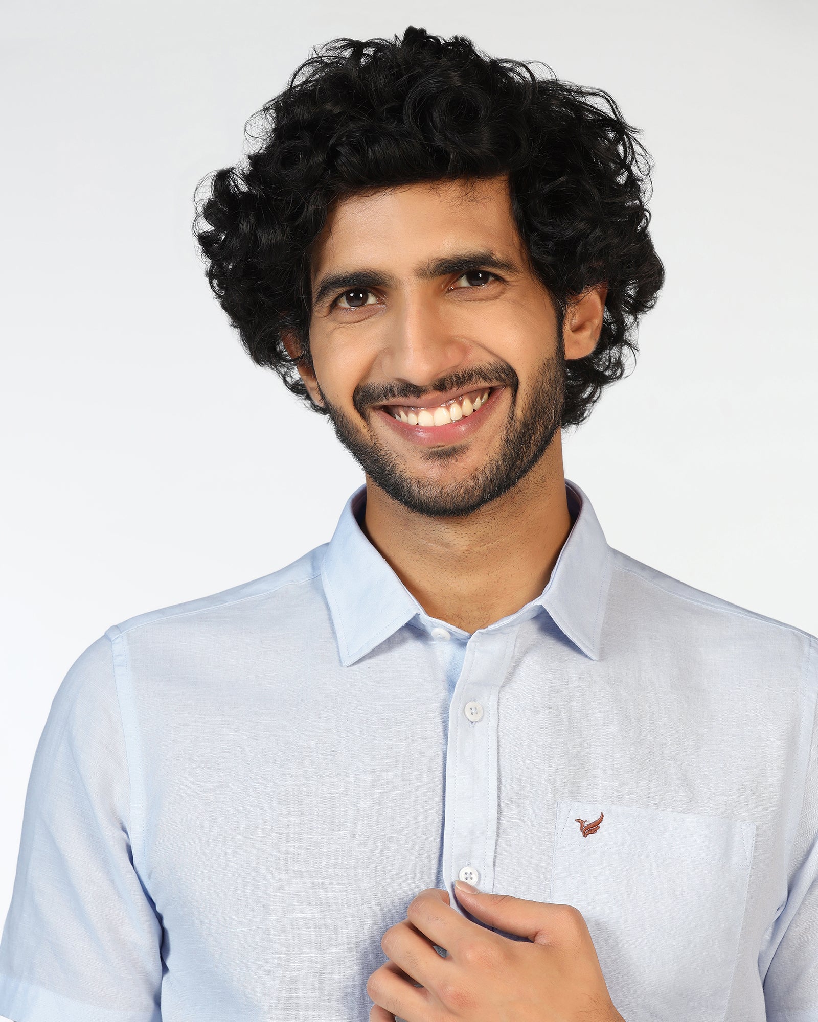 Sky Blue Half Sleeve Linen Solid Shirt - Salmon