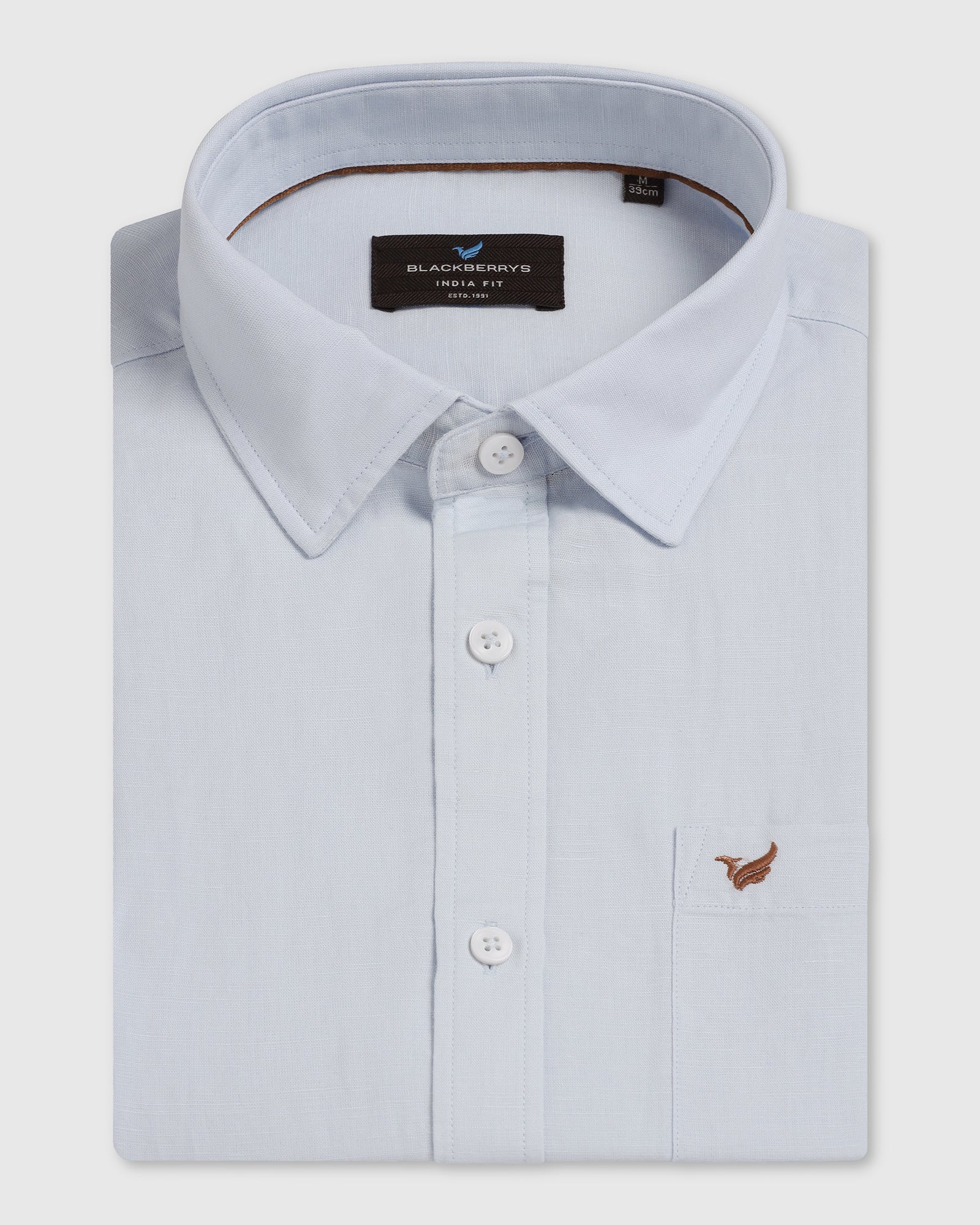 Sky Blue Half Sleeve Linen Solid Shirt - Salmon