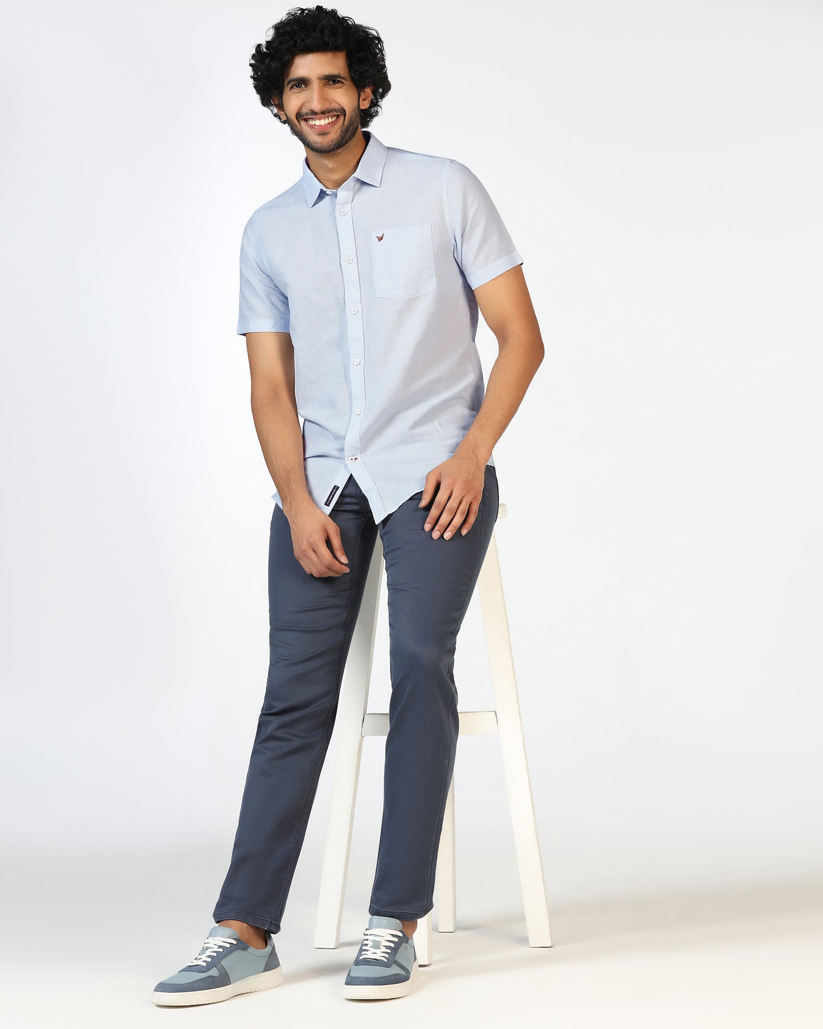 Sky Blue Half Sleeve Linen Solid Shirt - Salmon
