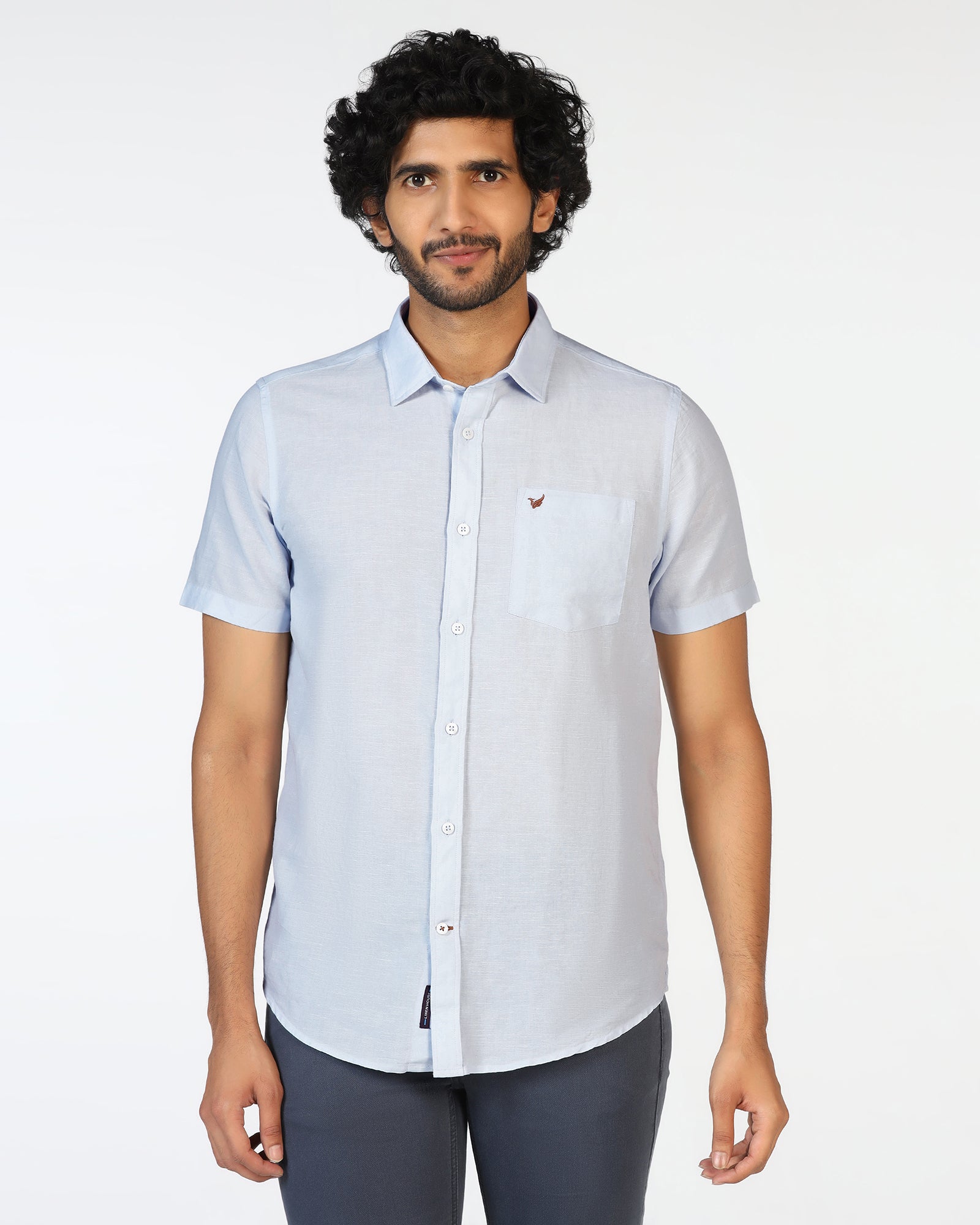 Sky Blue Half Sleeve Linen Solid Shirt - Salmon