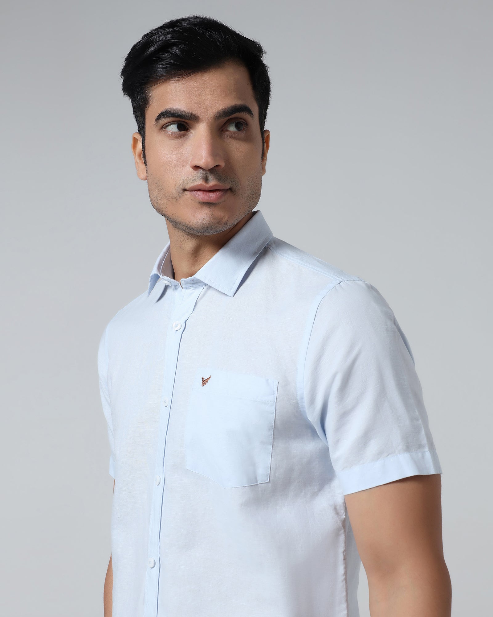 Sky Blue Half Sleeve Linen Solid Shirt - Cleo