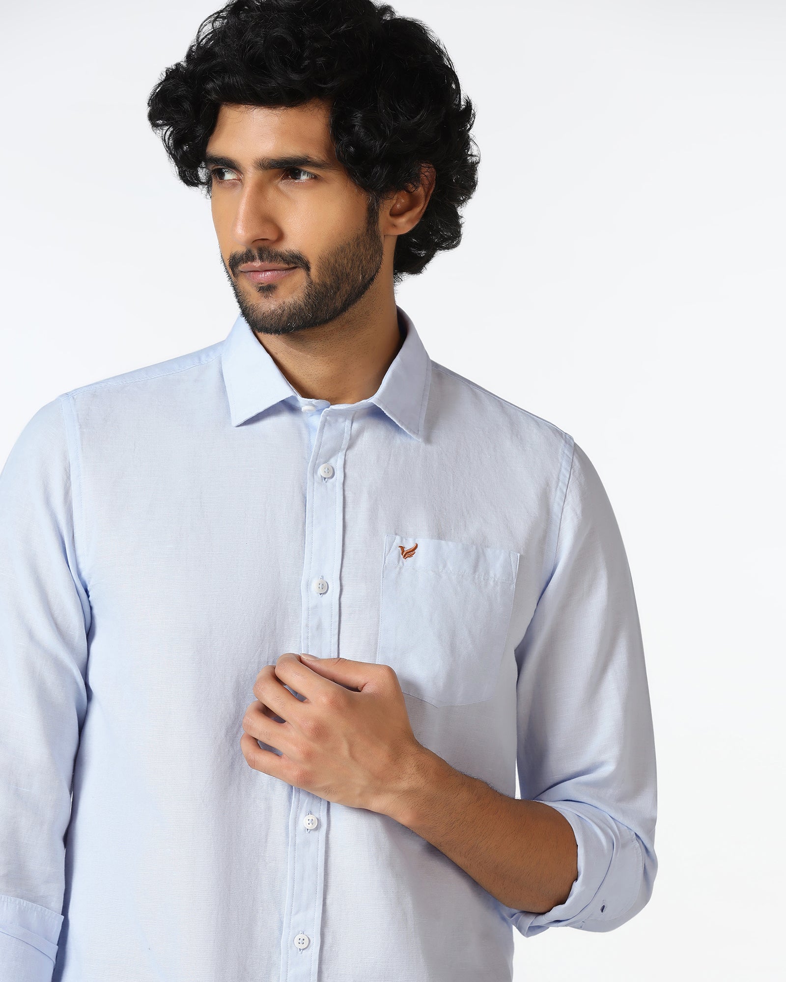 Sky Blue Linen Solid Shirt - Salmon