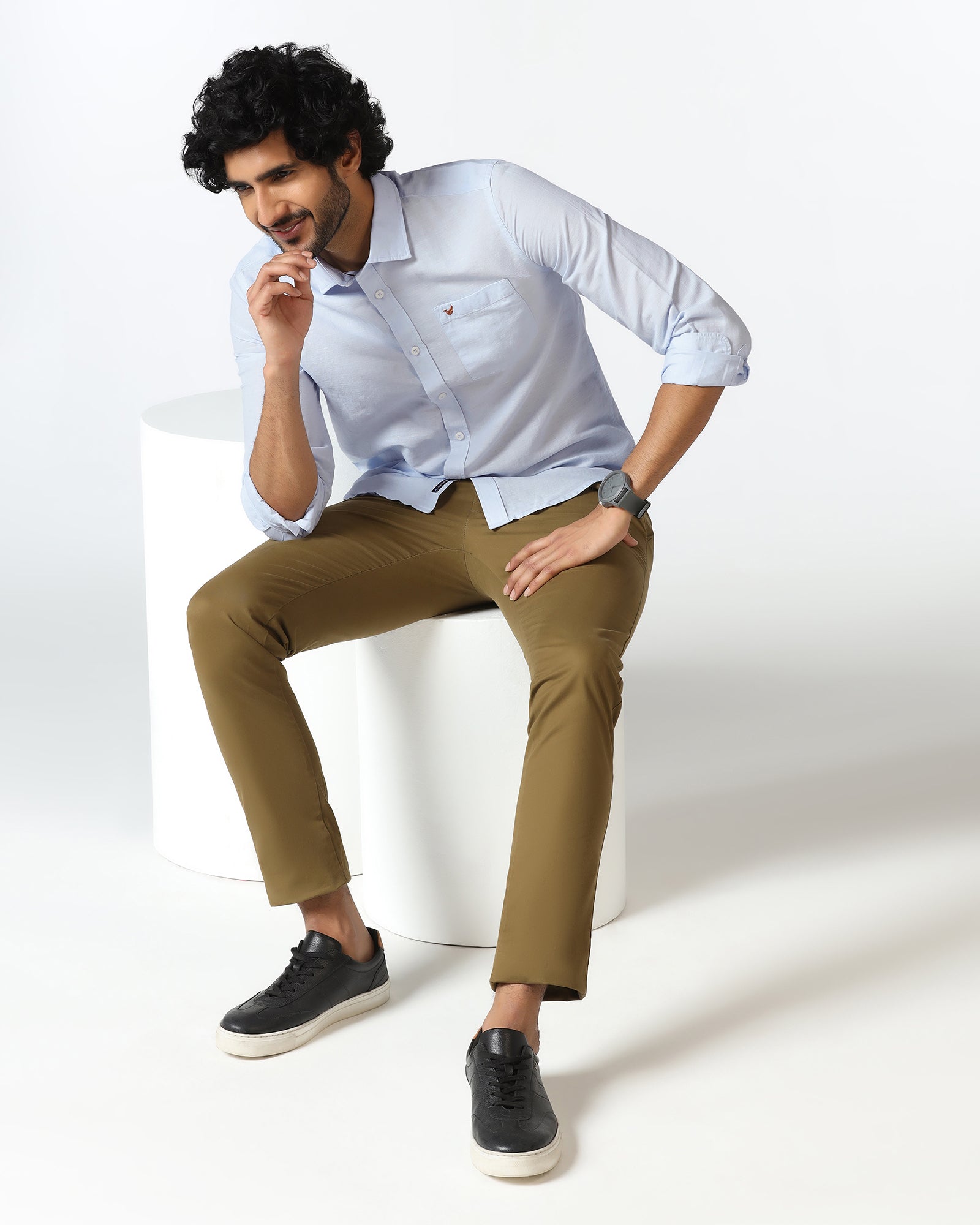 Sky Blue Linen Solid Shirt - Salmon