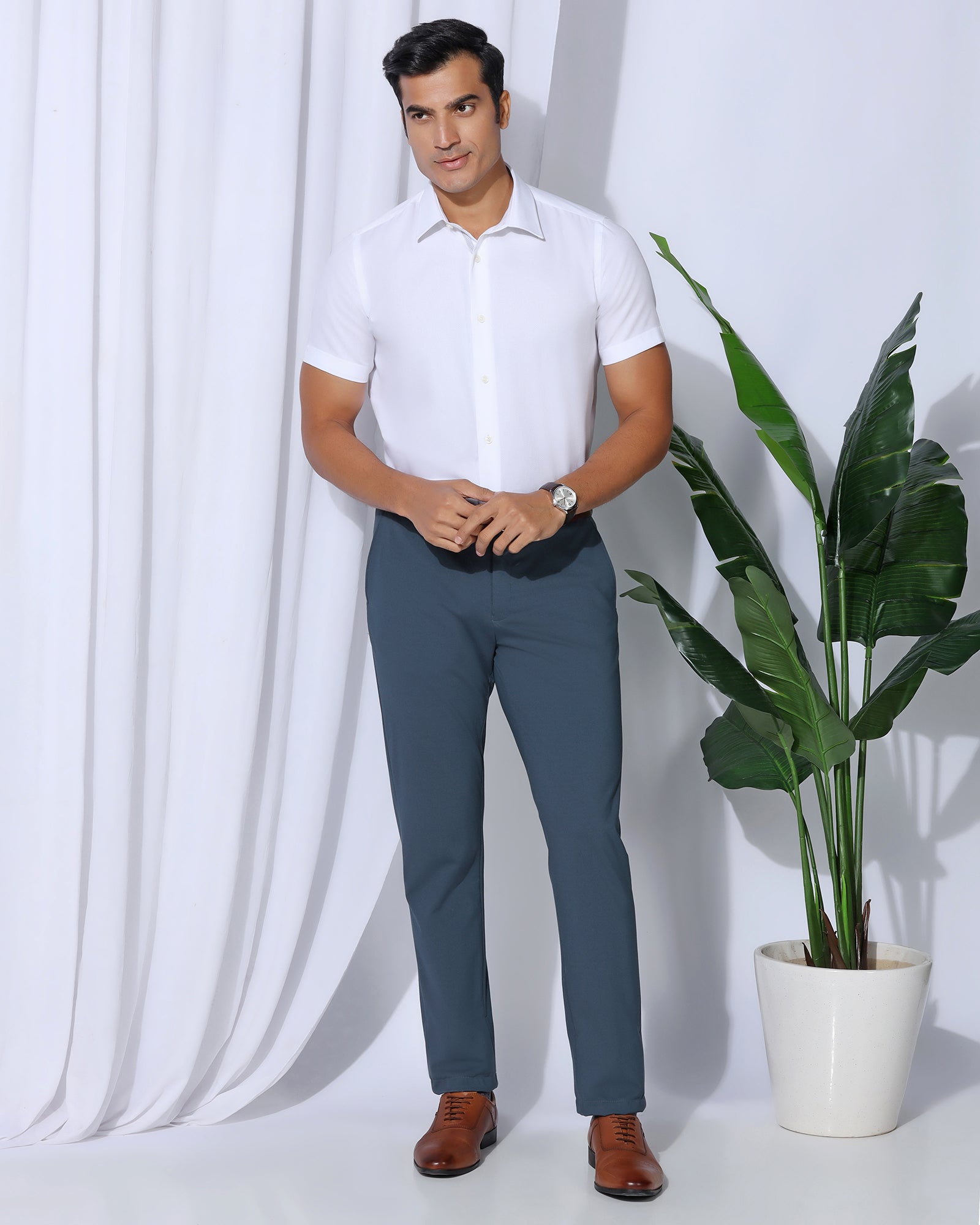 Slim Comfort B-95 Formal Blue Solid Trouser - Oak