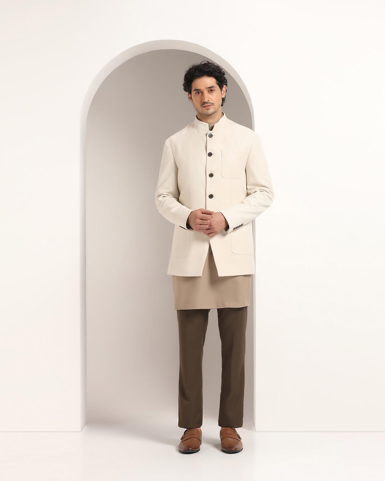 Linen Swarn Three Piece Beige Solid Achkan Set - Anok - Blackberrys