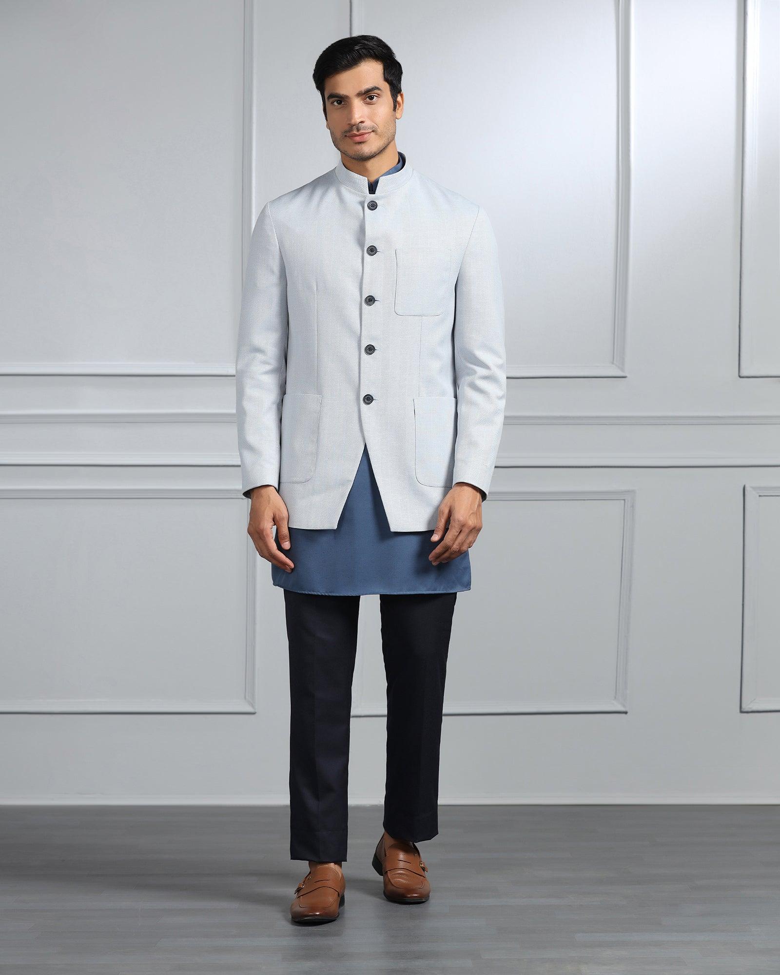 Linen Swarn Three Piece Blue Solid Achkan Set - Anok - Blackberrys