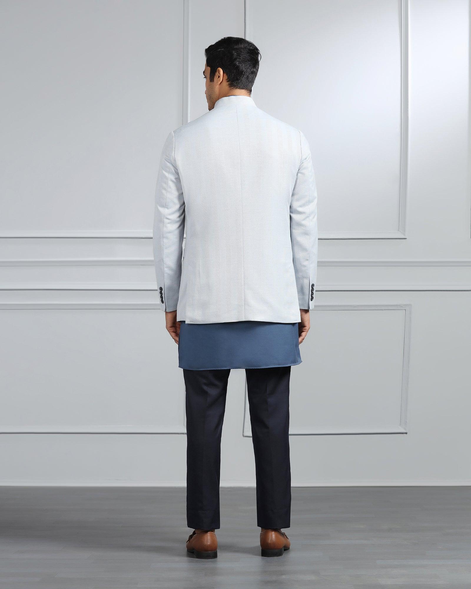 Linen Swarn Three Piece Blue Solid Achkan Set - Anok - Blackberrys