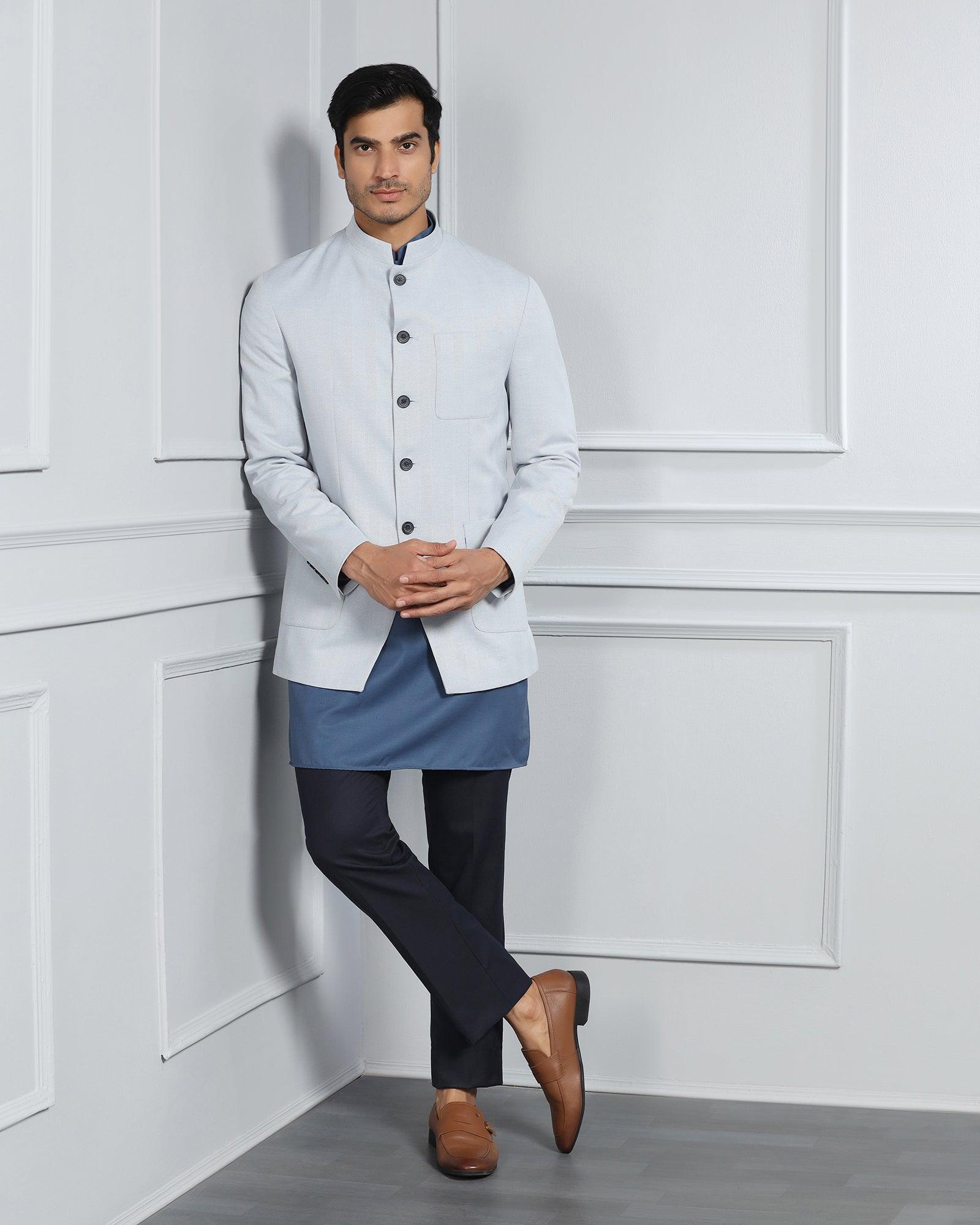 Linen Swarn Three Piece Blue Solid Achkan Set - Anok - Blackberrys