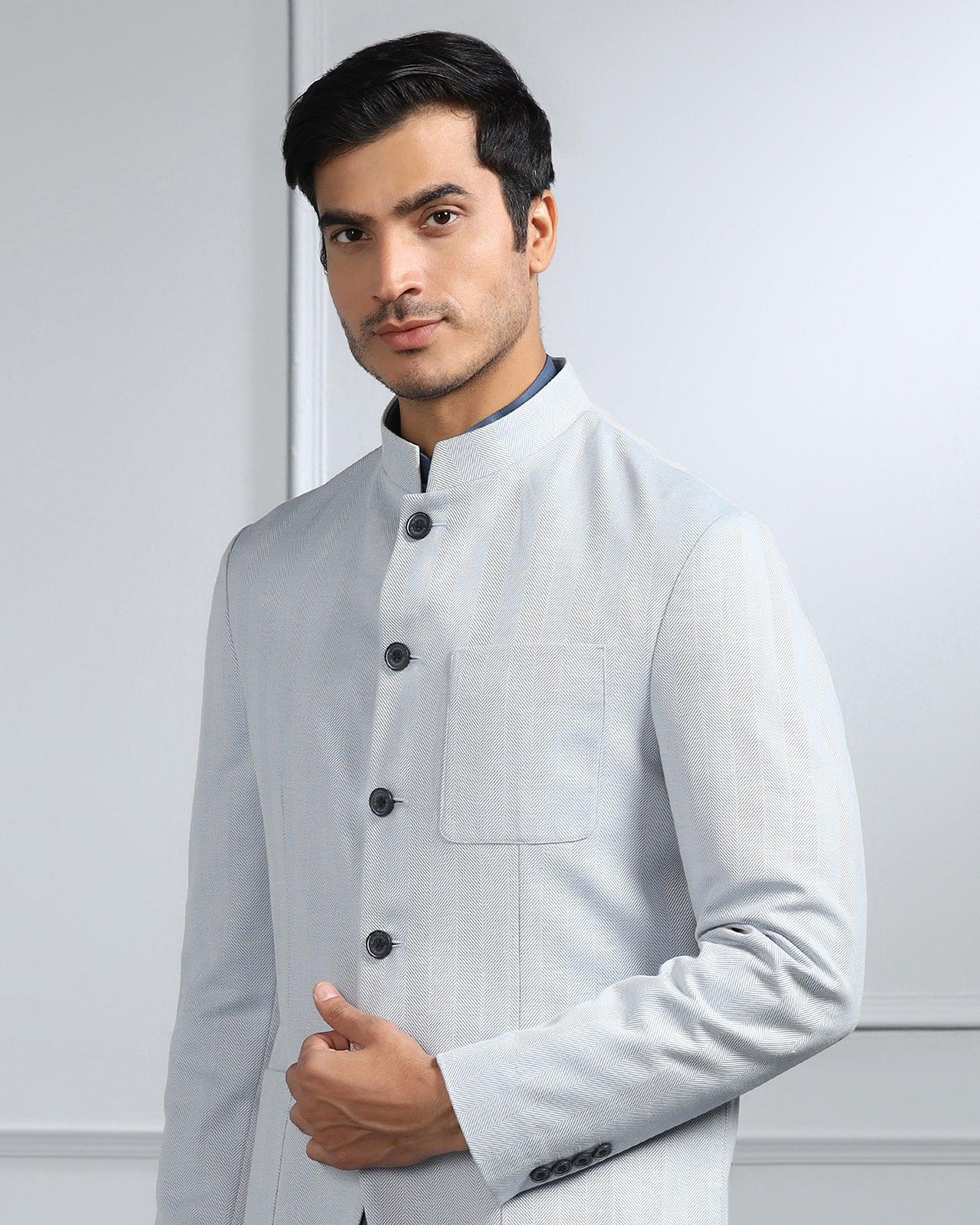 Linen Swarn Three Piece Blue Solid Achkan Set - Anok - Blackberrys